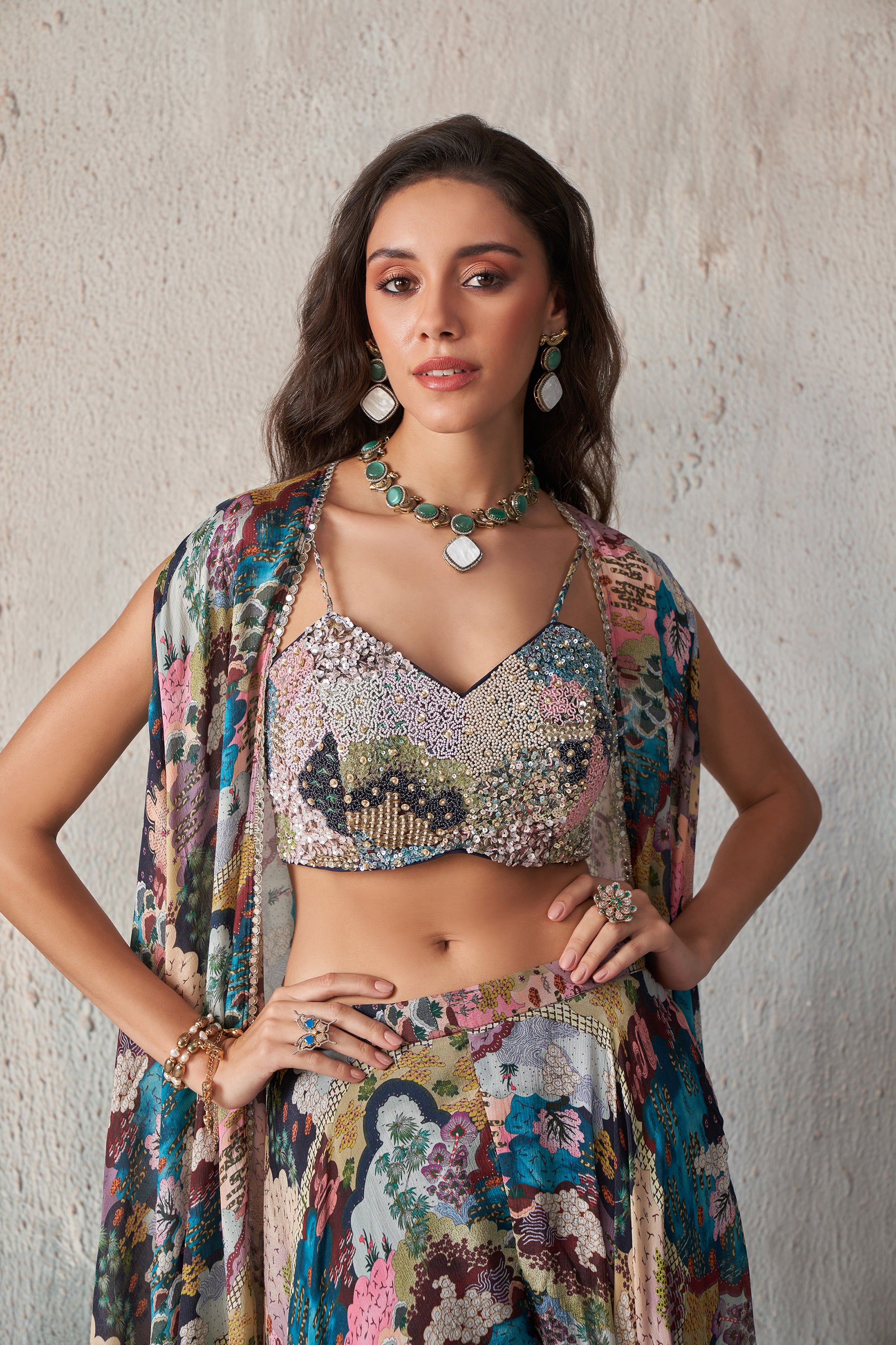 Chinnon Printed Khatli Work Blouse Palazzo Set