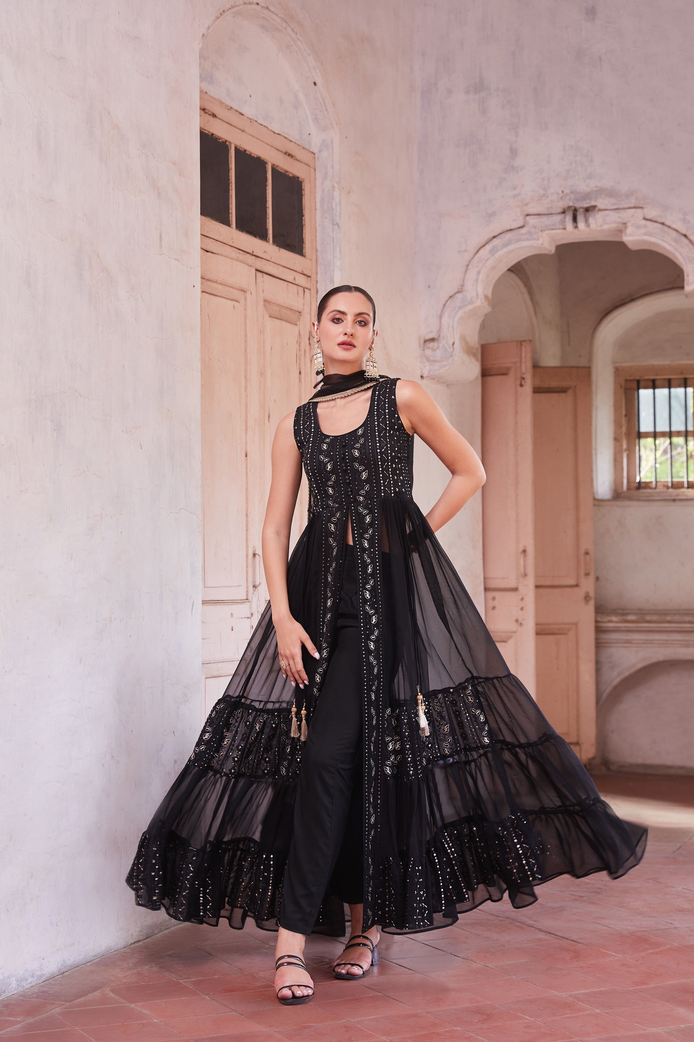 Black Anarkali Gown In Georgette With Zari Embroidery