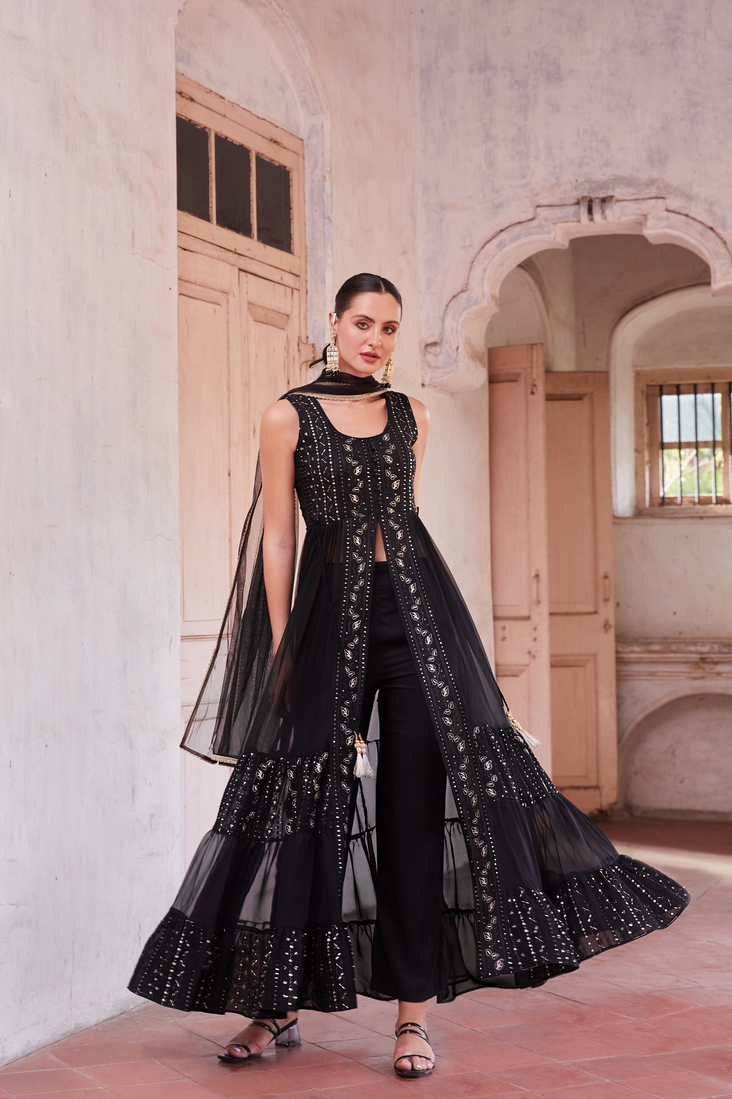 Black Anarkali Gown In Georgette With Zari Embroidery