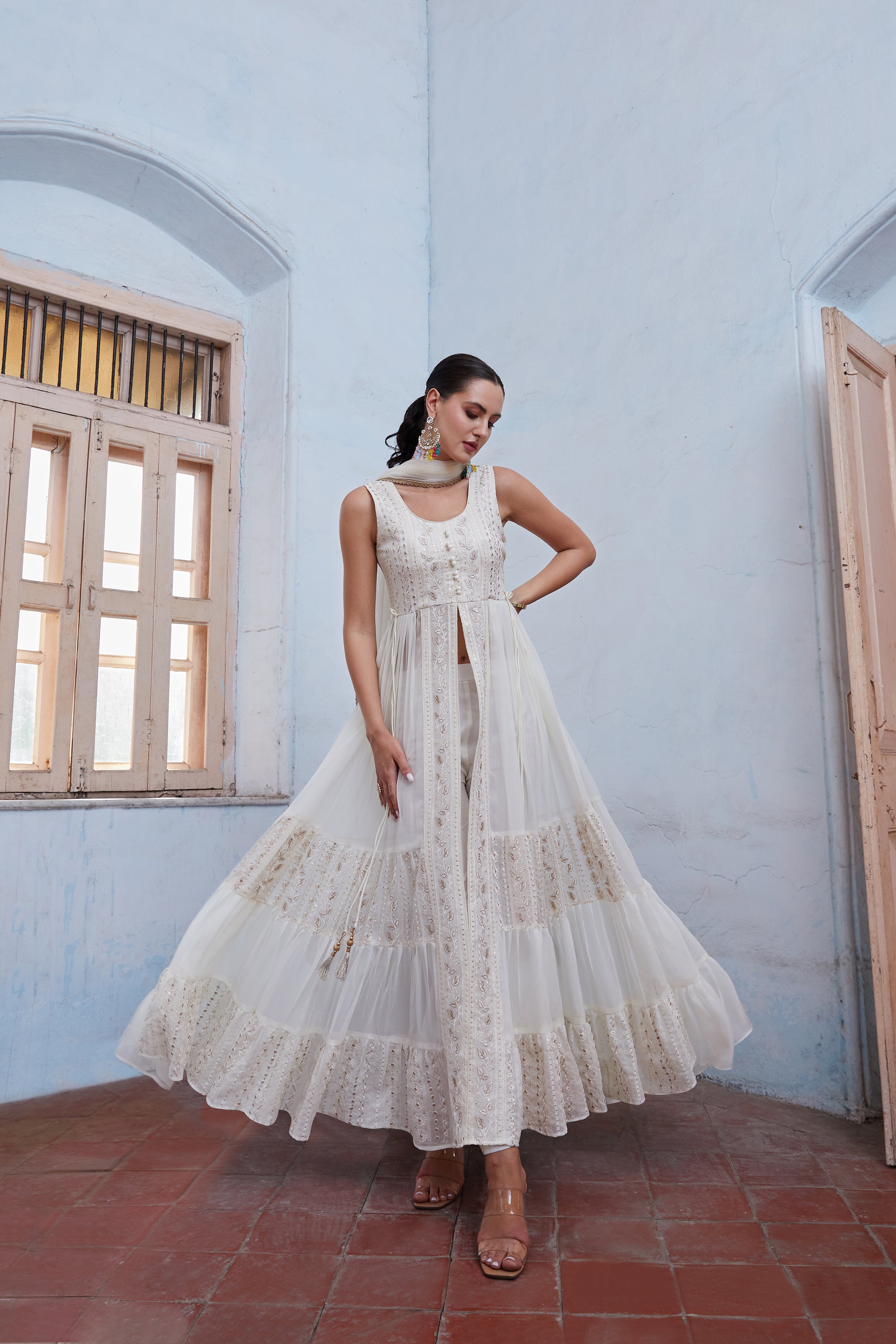 Off White Anarkali in Georgette With Sequins & Thread Embroidery