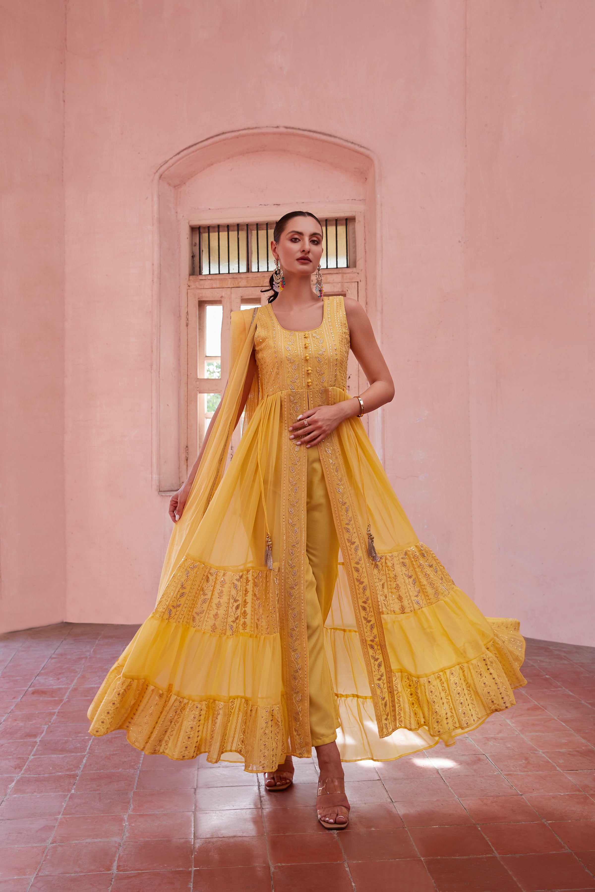Yellow Full Flared Anarkali Gown In Georgette With Thread and Sequins Embroidery