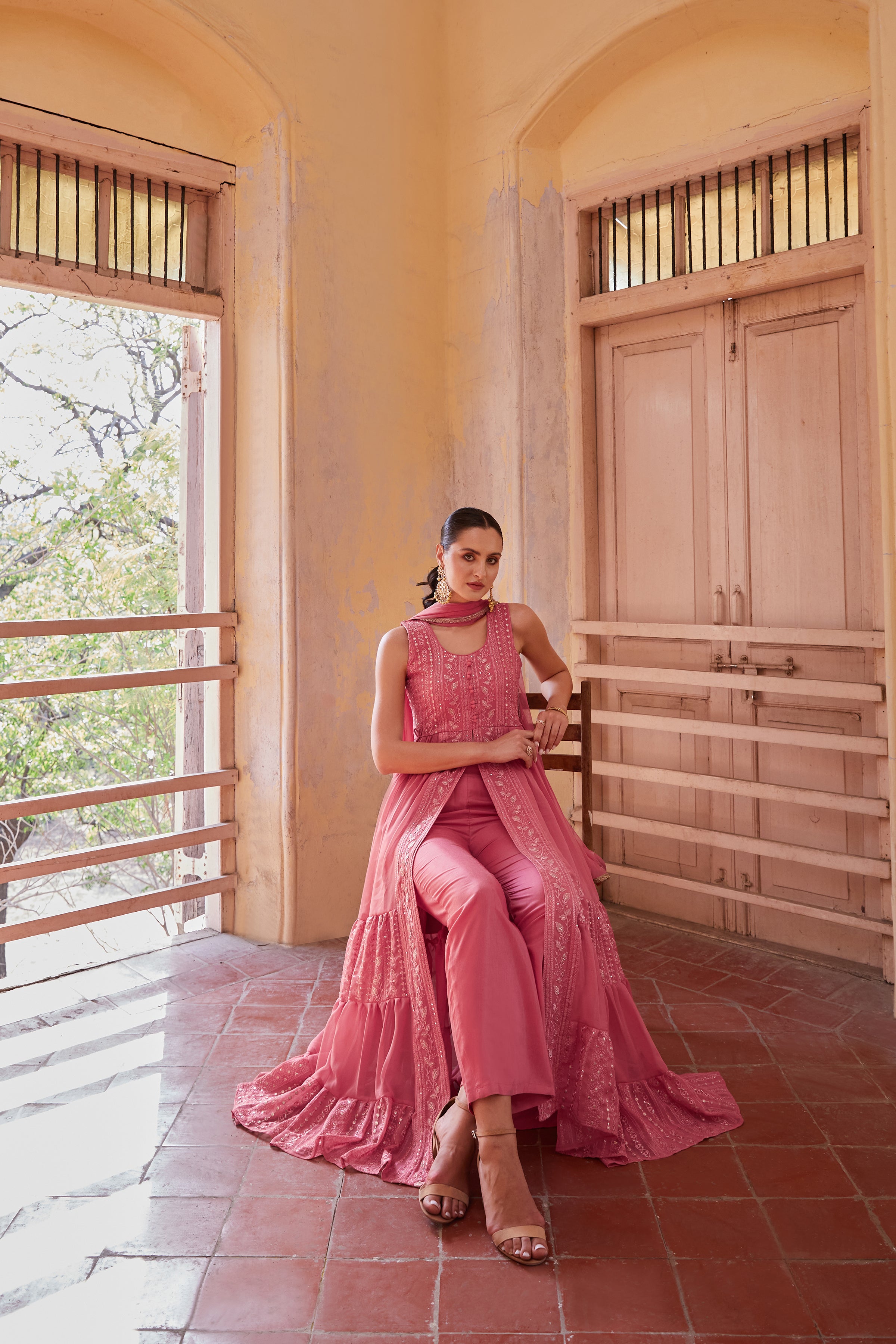 Gajri Anarkali Gown In Georgette with Thread & Zari Embroidery