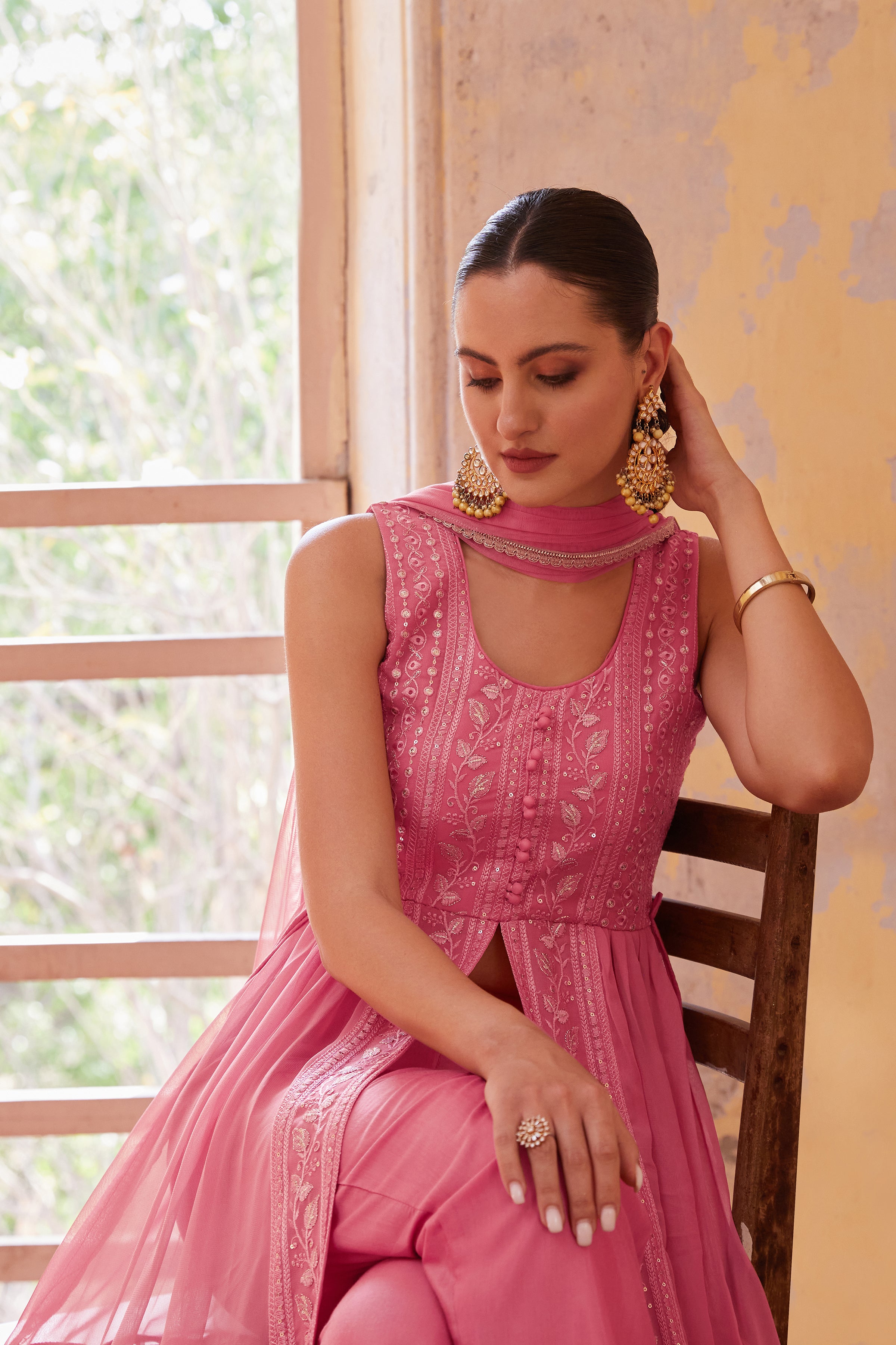 Gajri Anarkali Gown In Georgette with Thread & Zari Embroidery