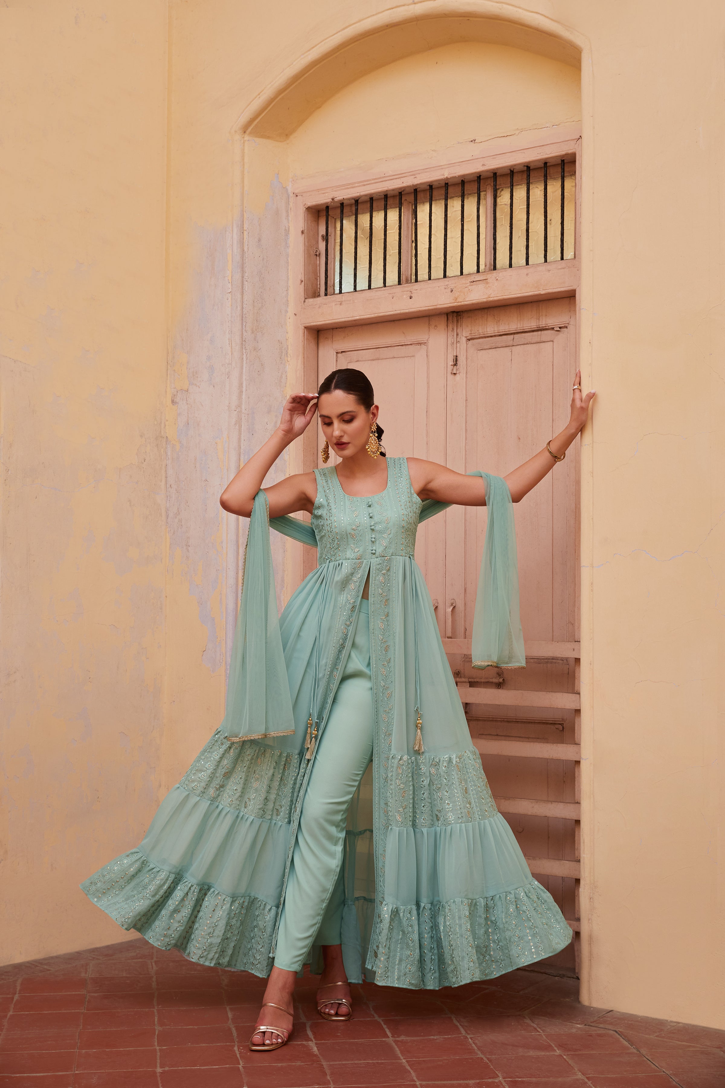 Firozi Anarkali In Georgette with Sequins, Thread and Zari Embroidery