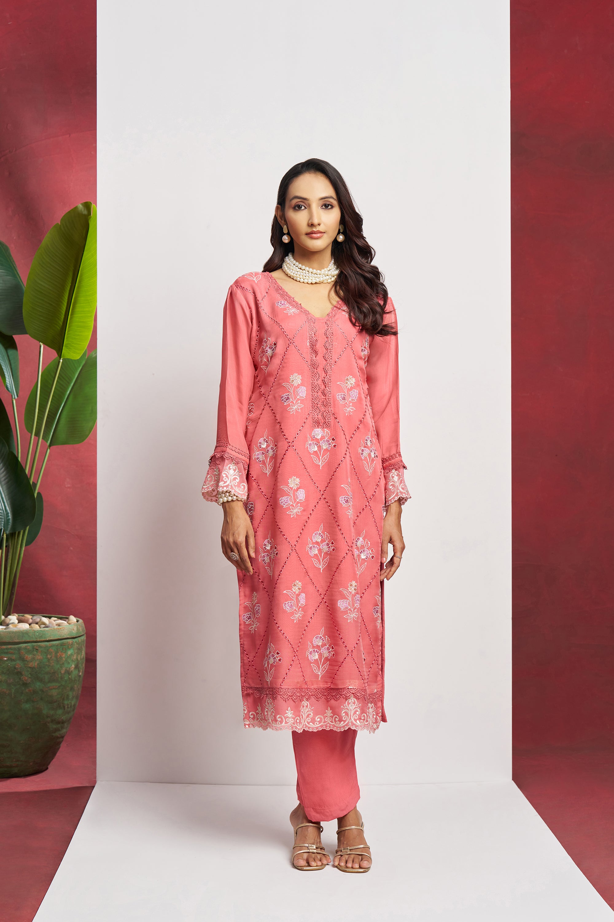 Pink 3 Piece Embroidered Organza Kurta Set