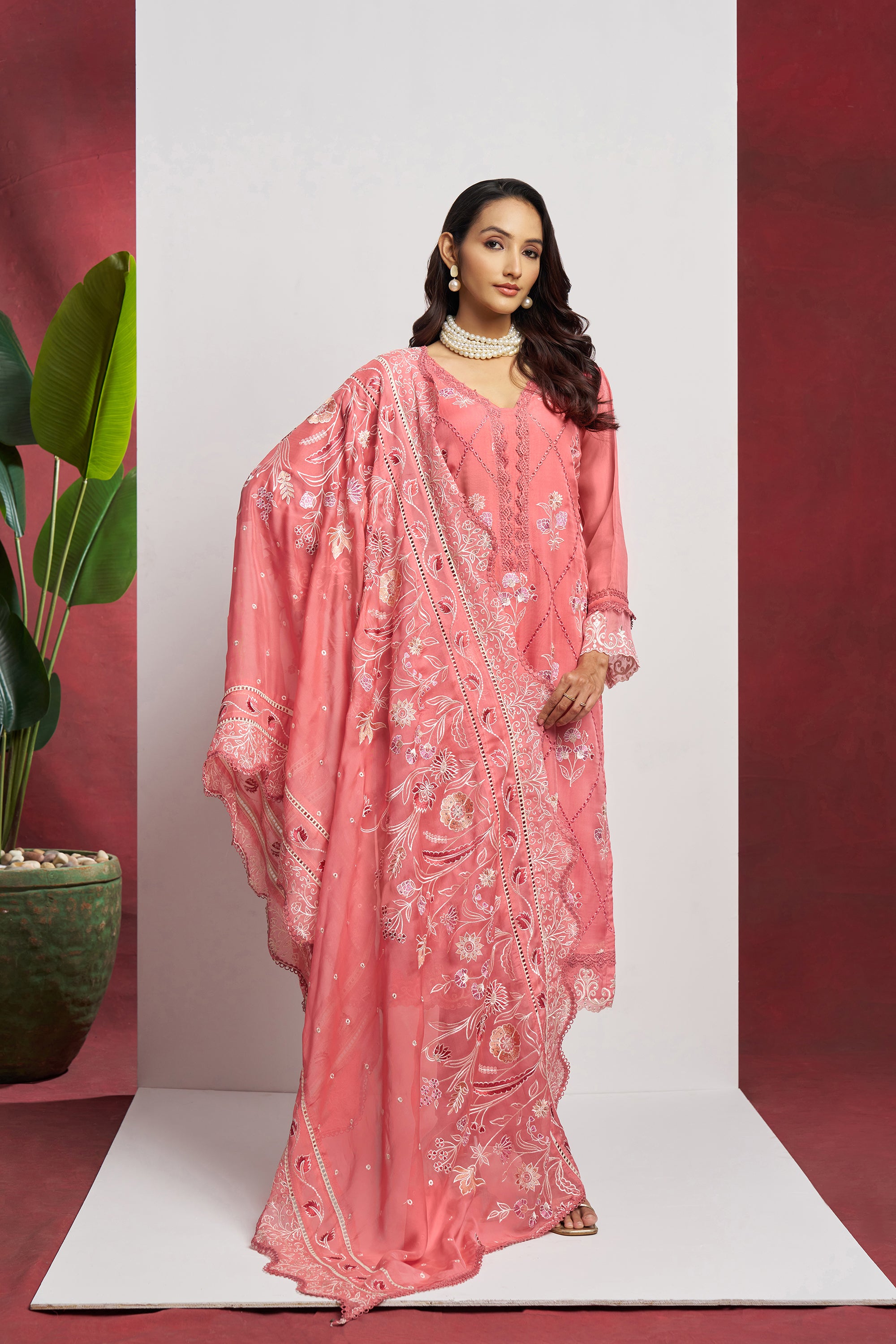 Pink 3 Piece Embroidered Organza Kurta Set