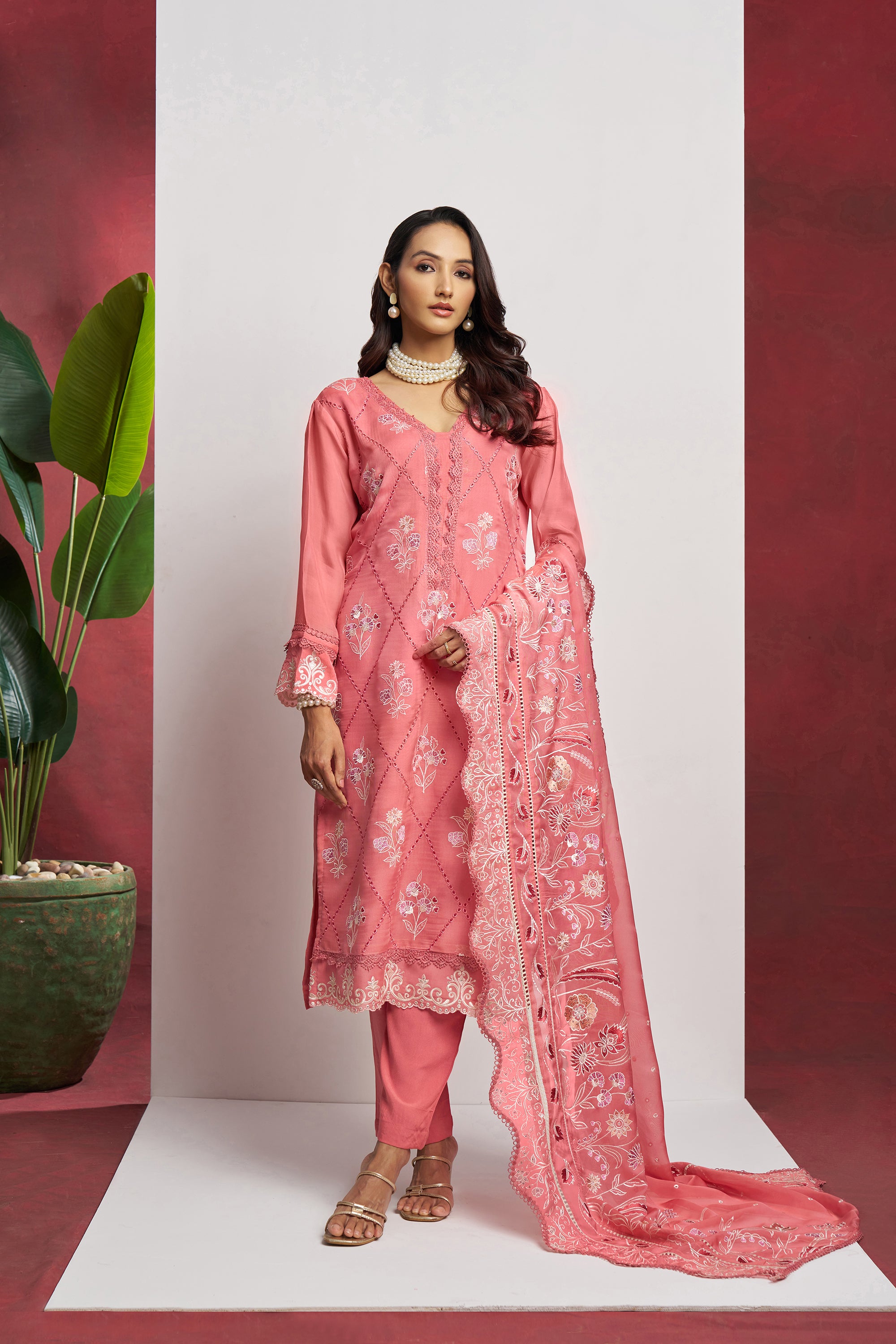 Pink 3 Piece Embroidered Organza Kurta Set