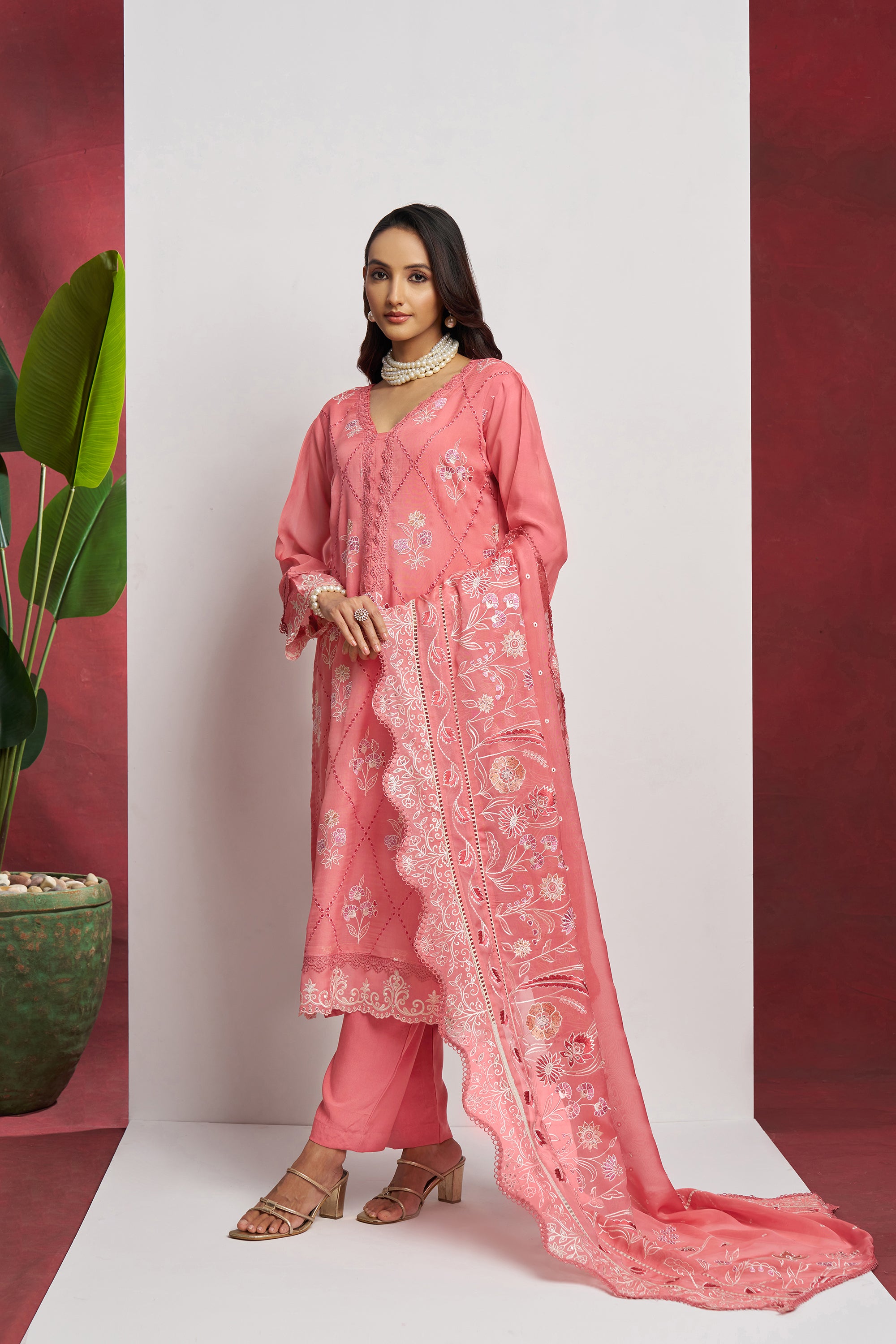 Pink 3 Piece Embroidered Organza Kurta Set