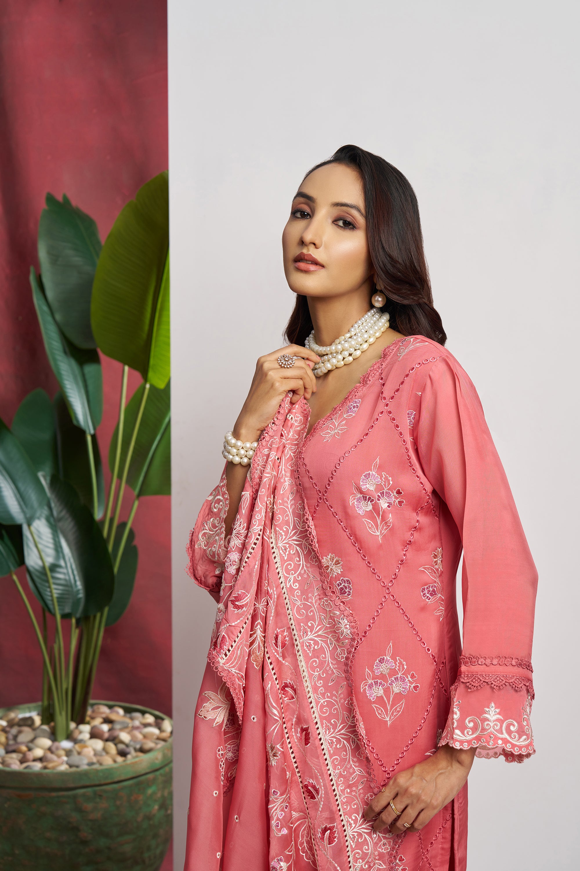 Pink 3 Piece Embroidered Organza Kurta Set