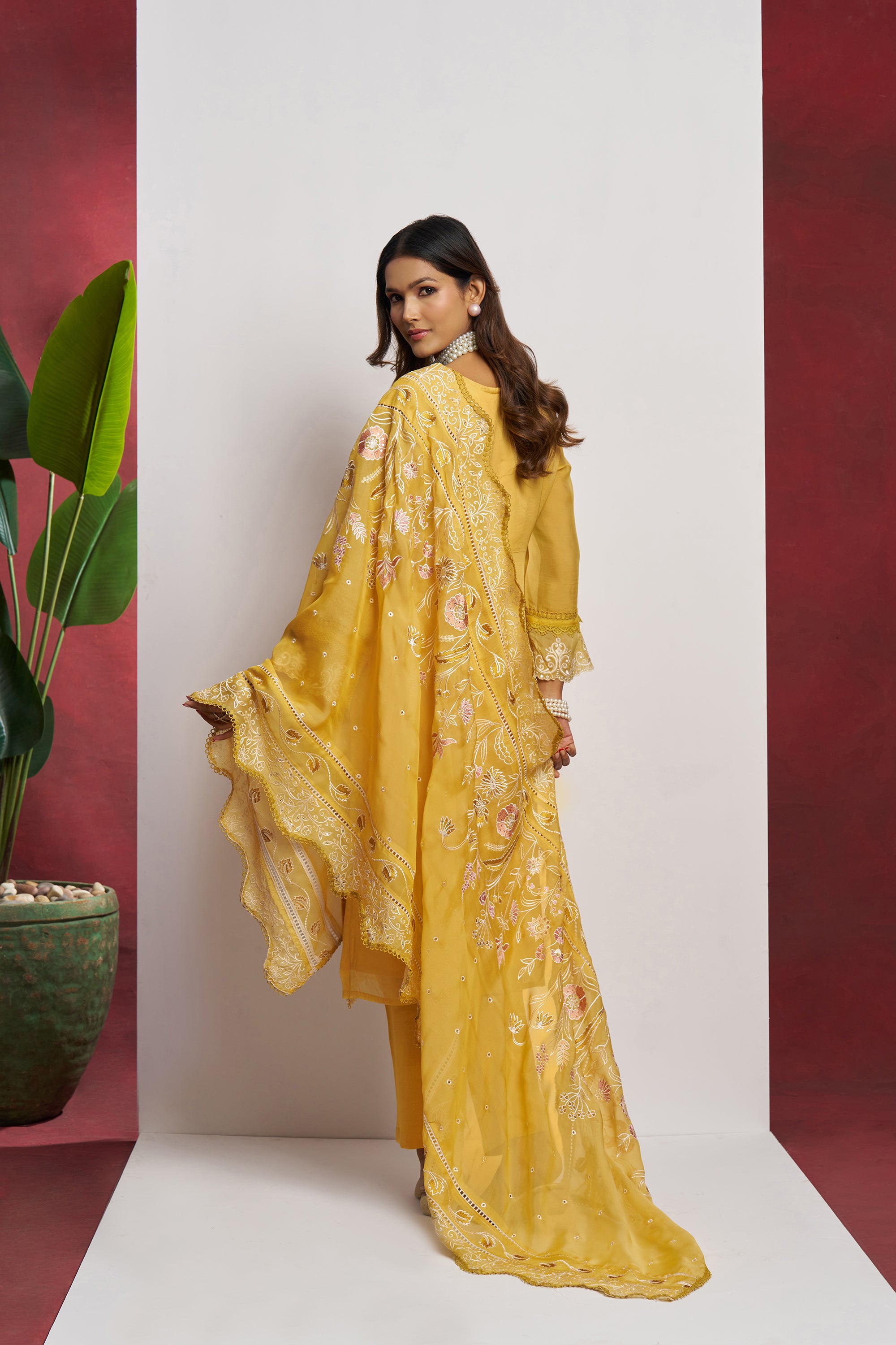 Yellow 3 Piece Embroidered Organza Kurta Set