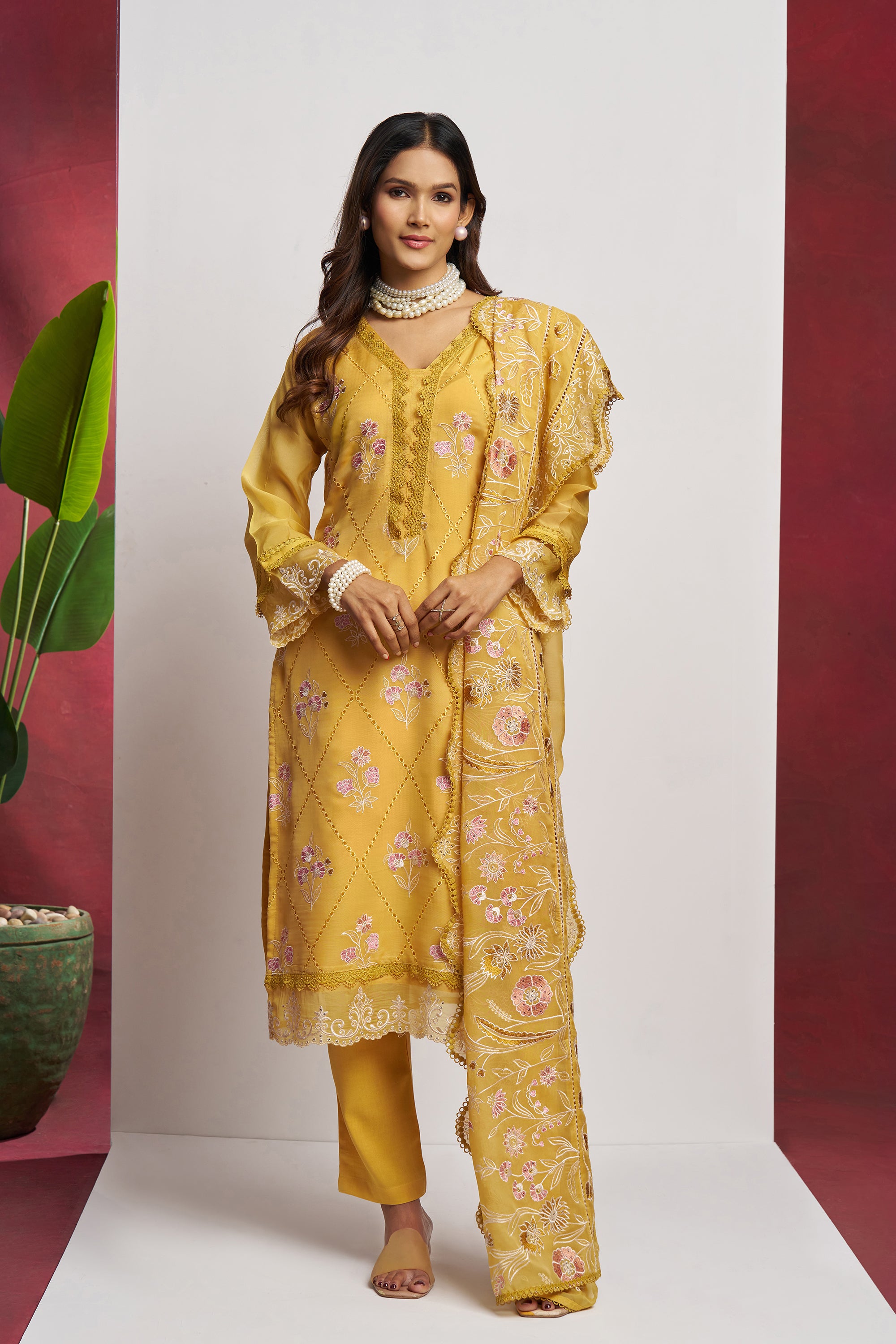 Yellow 3 Piece Embroidered Organza Kurta Set