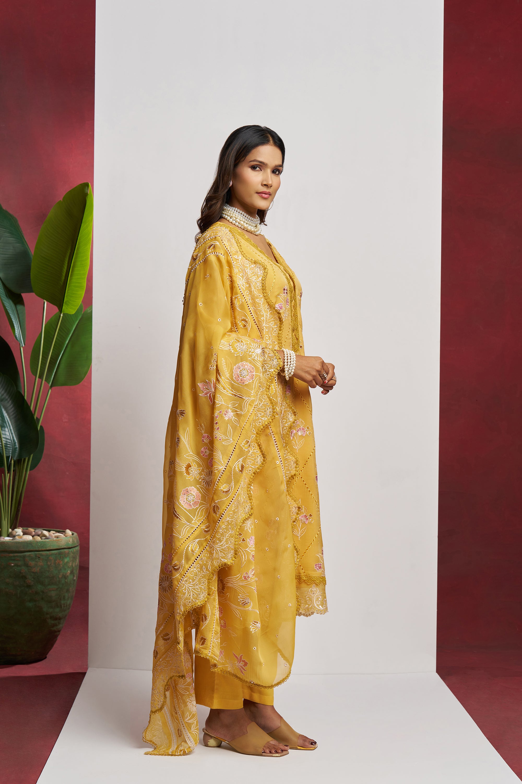 Yellow 3 Piece Embroidered Organza Kurta Set