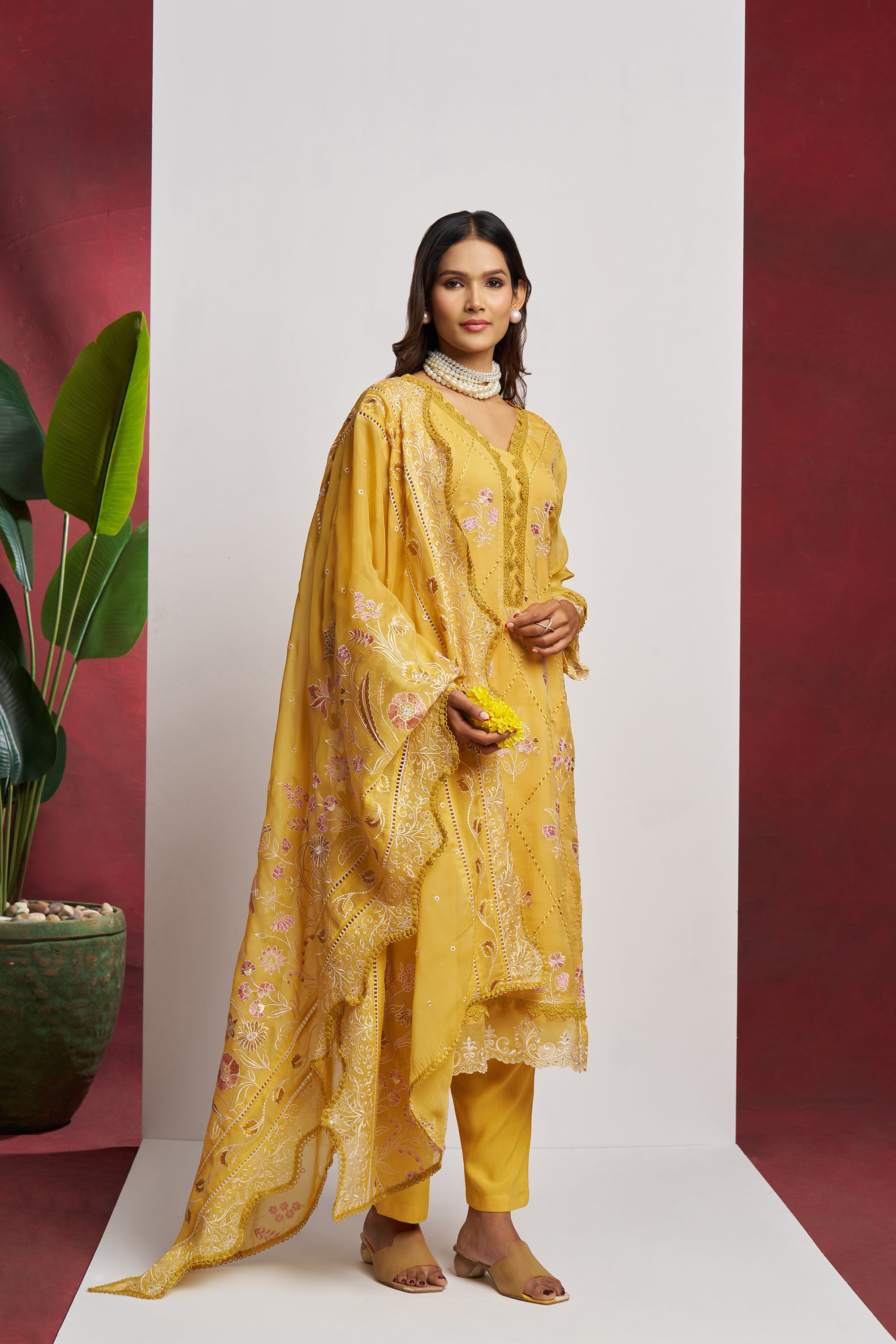 Yellow 3 Piece Embroidered Organza Kurta Set