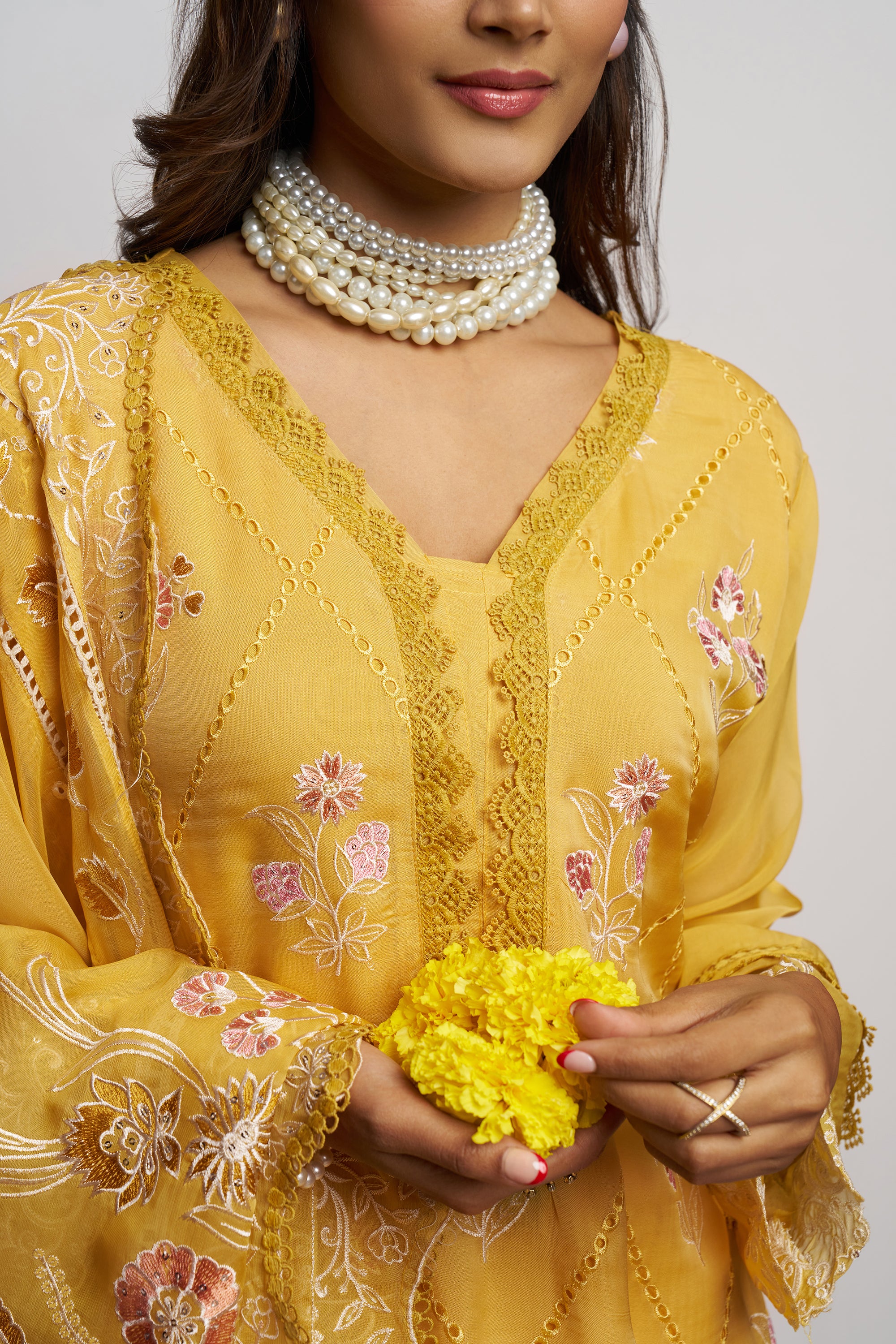 Yellow 3 Piece Embroidered Organza Kurta Set