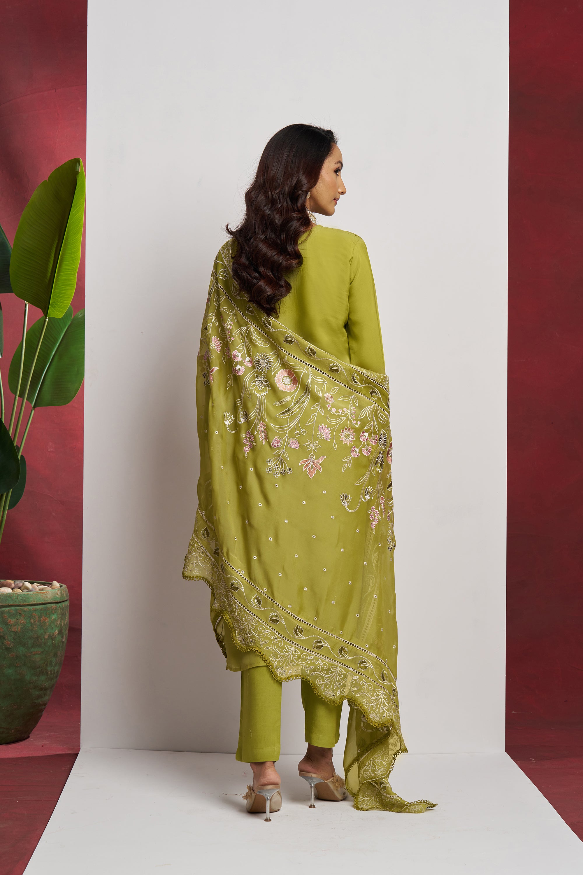 Green 3 Piece Embroidered Organza Kurta Set