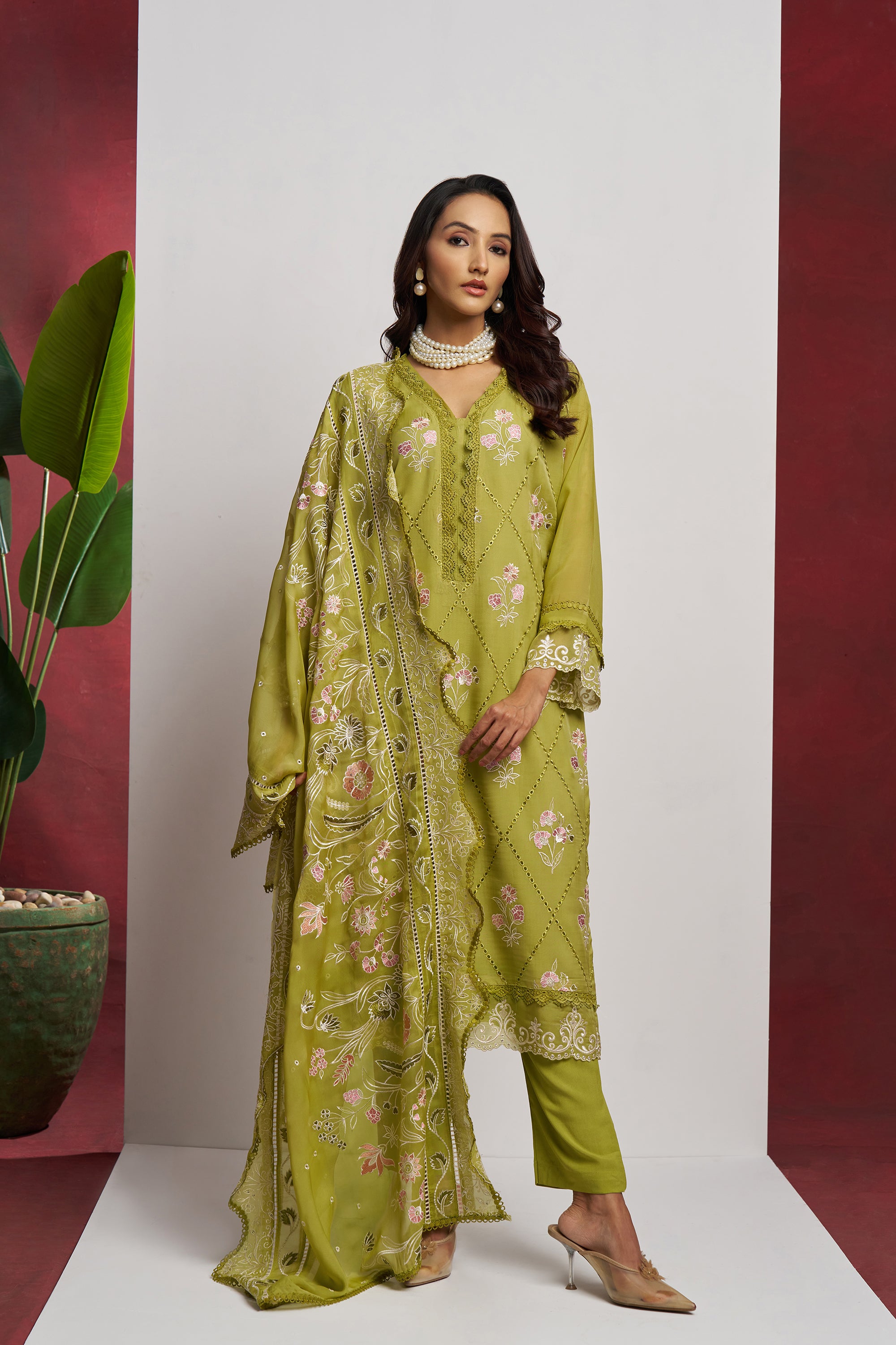 Green 3 Piece Embroidered Organza Kurta Set