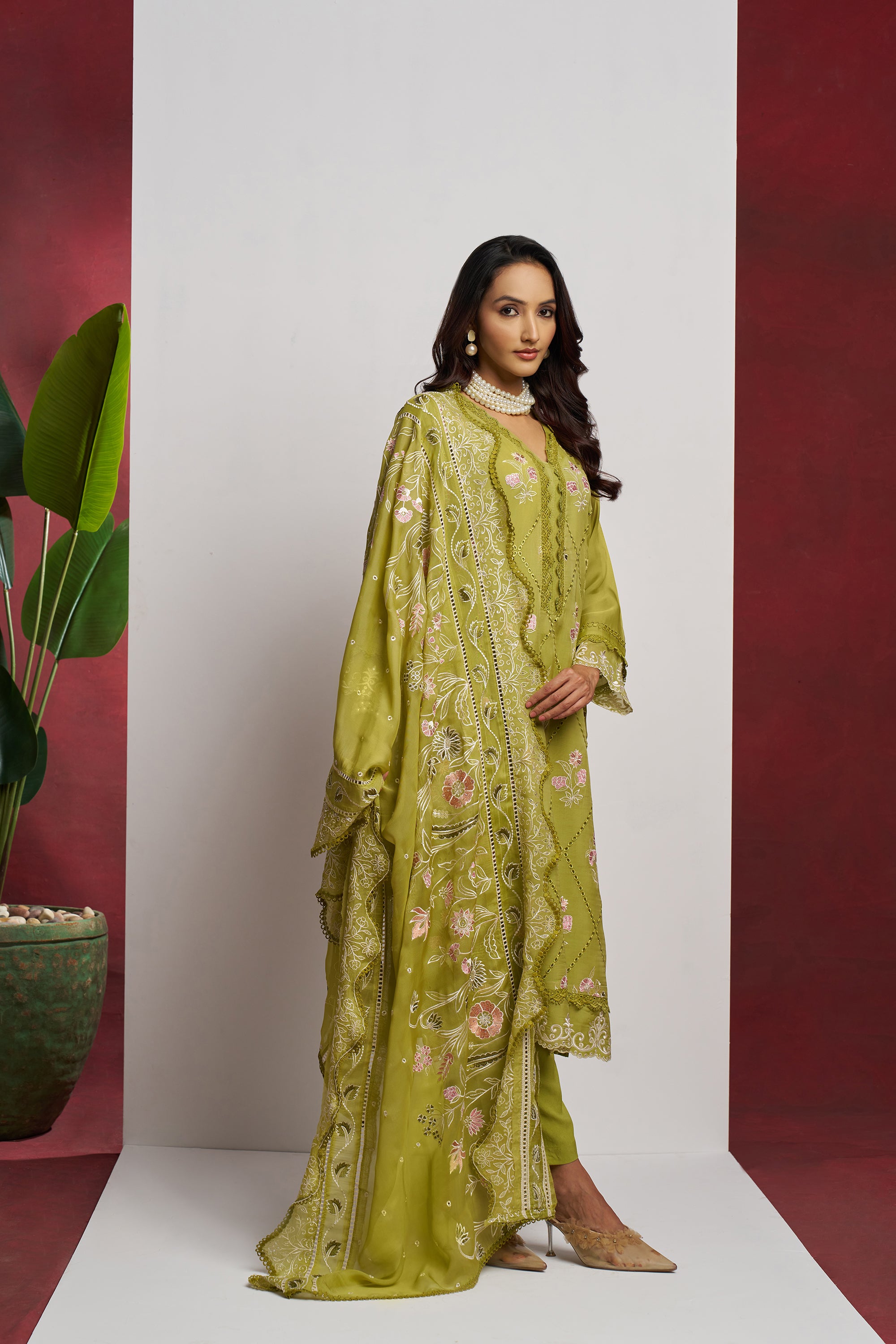 Green 3 Piece Embroidered Organza Kurta Set