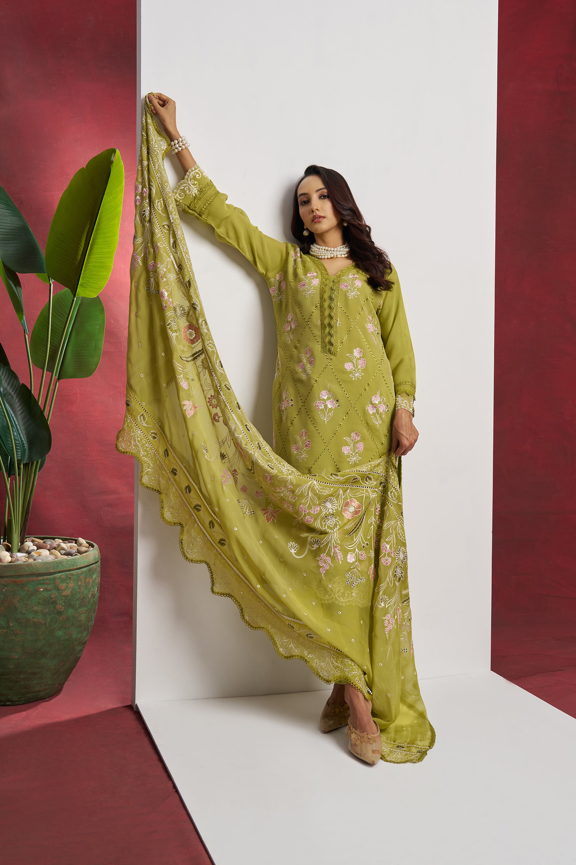 Green 3 Piece Embroidered Organza Kurta Set