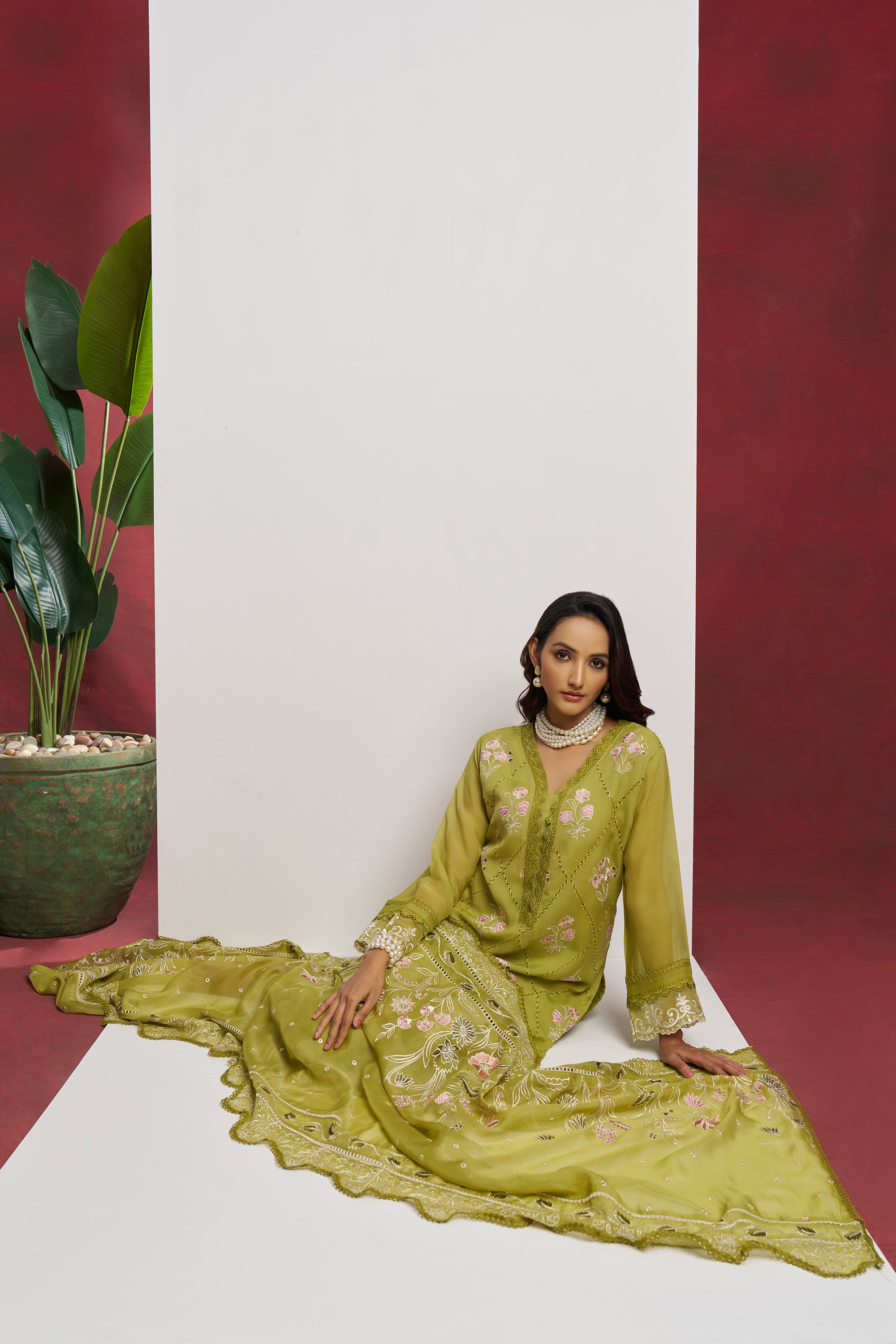 Green 3 Piece Embroidered Organza Kurta Set