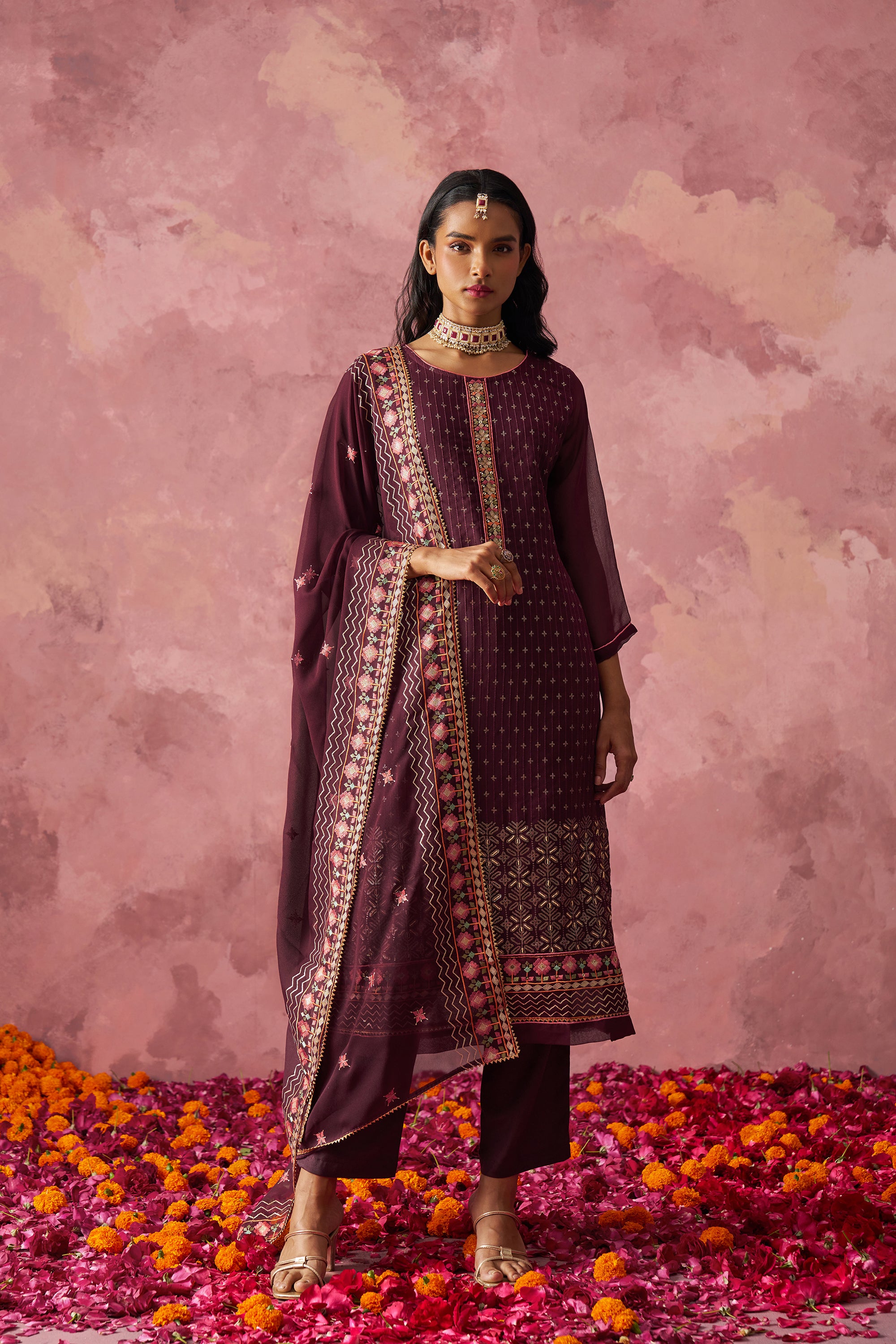 Wine Straight Embroidered Kurta Set