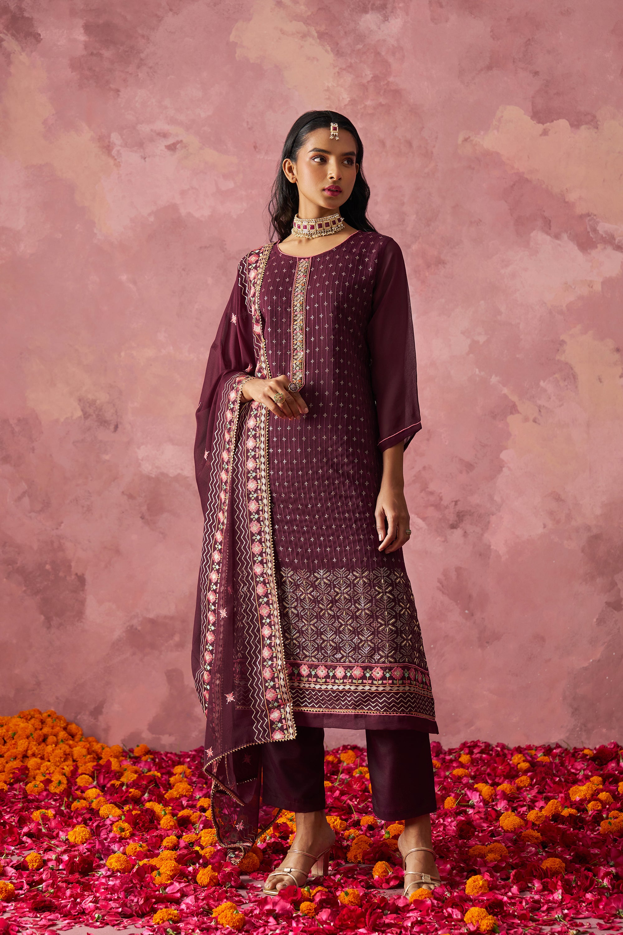 Wine Straight Embroidered Kurta Set