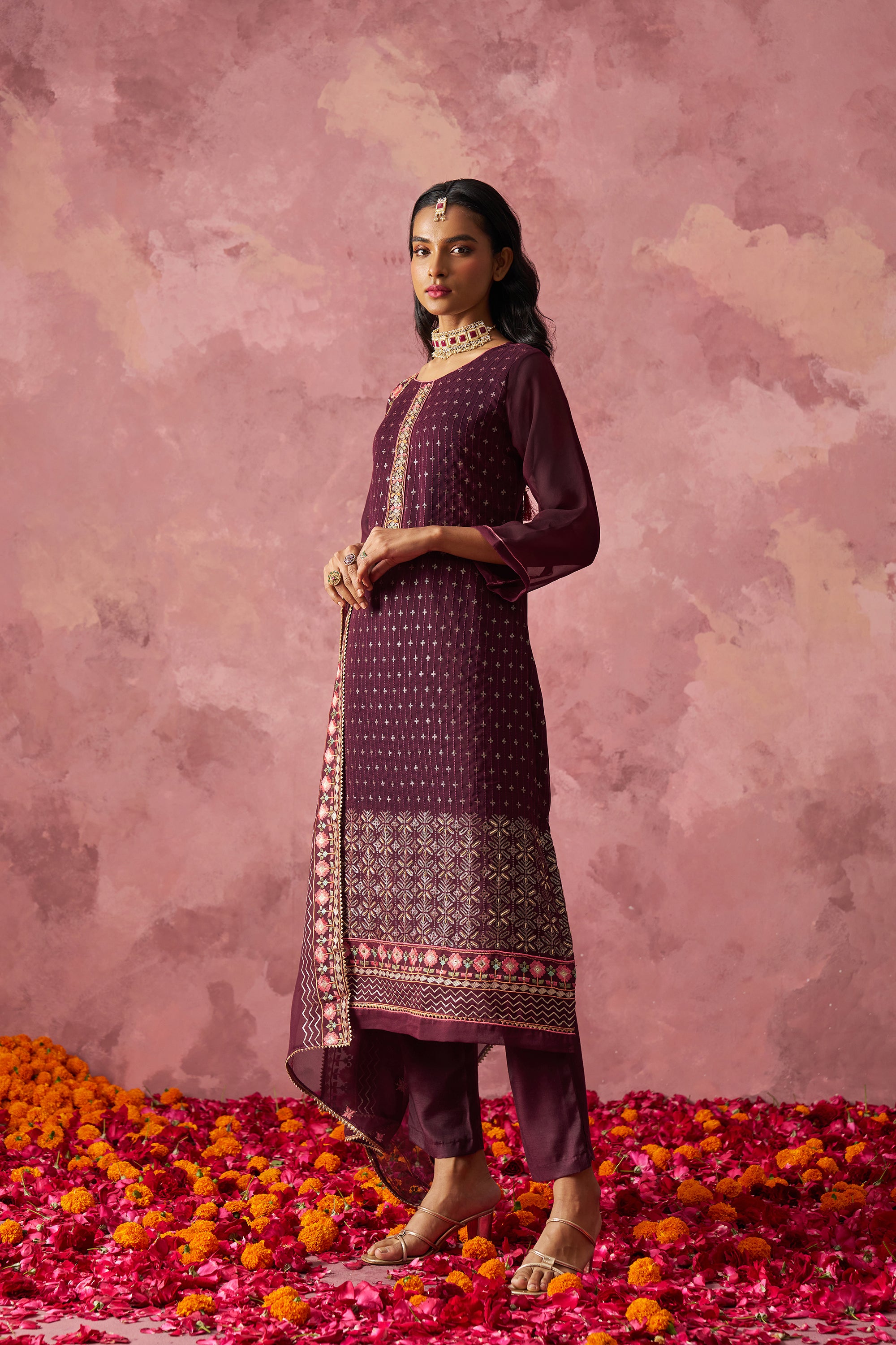 Wine Straight Embroidered Kurta Set