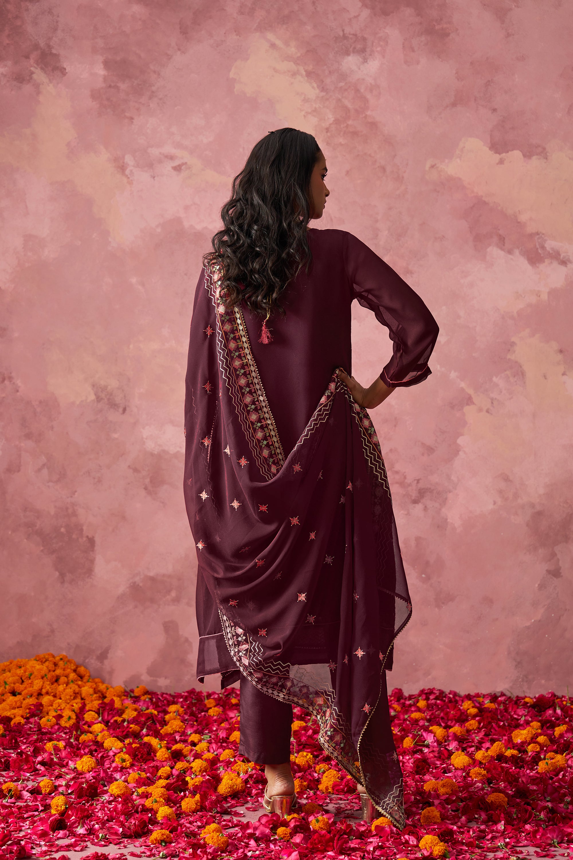 Wine Straight Embroidered Kurta Set