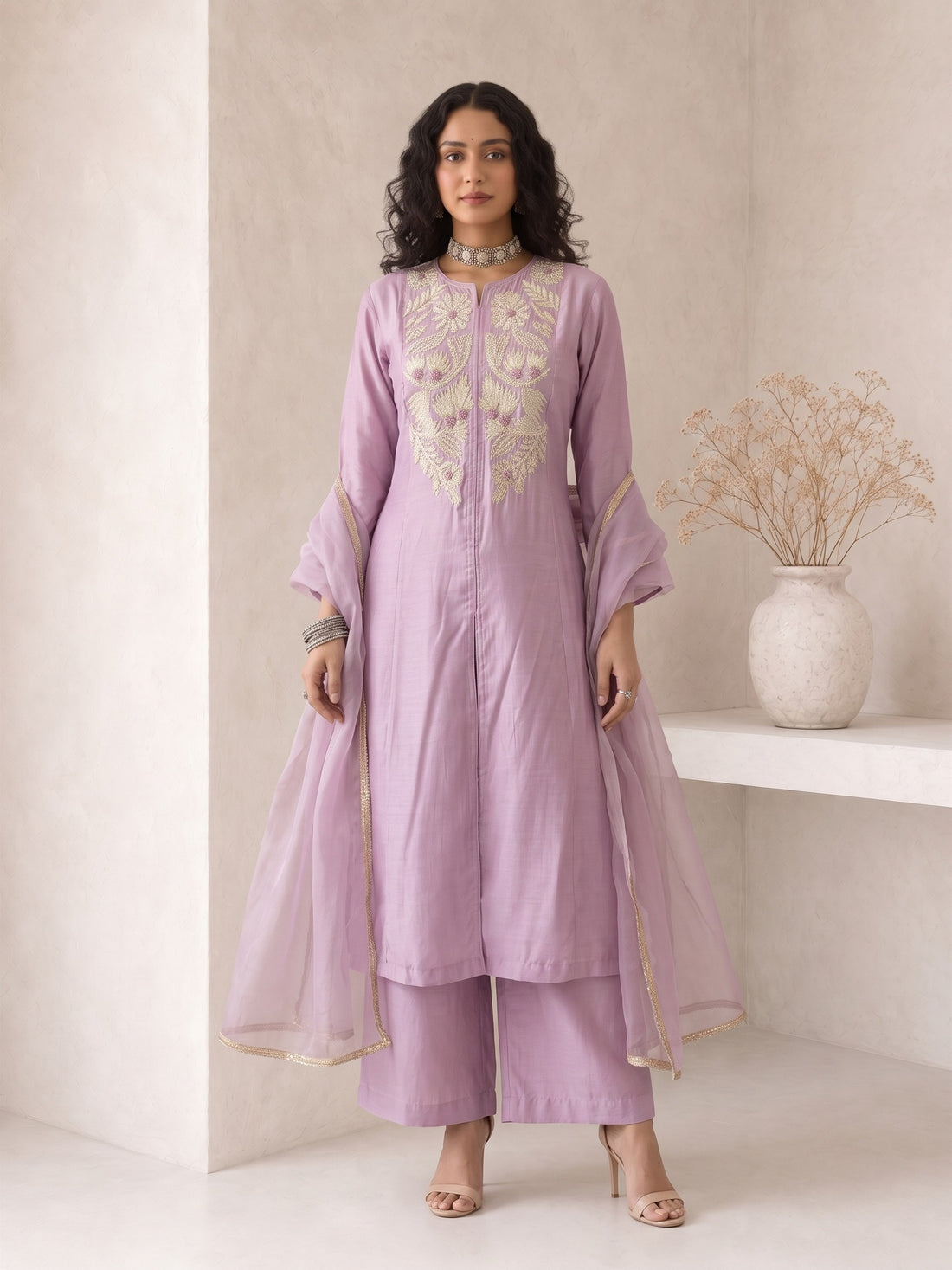 A woman models a lavender purple traditional Indian outfit consisting of a long kurta with gold embroidery, matching trousers, and a sheer matching dupatta, set against a minimalist beige wall with a decorative vase.