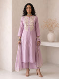 Model wearing Roselle Lavender Roman Silk Anarkali suit set with ivory floral embroidery, matching pants and organza dupatta for Raksha Bandhan, weddings and festive occasions.