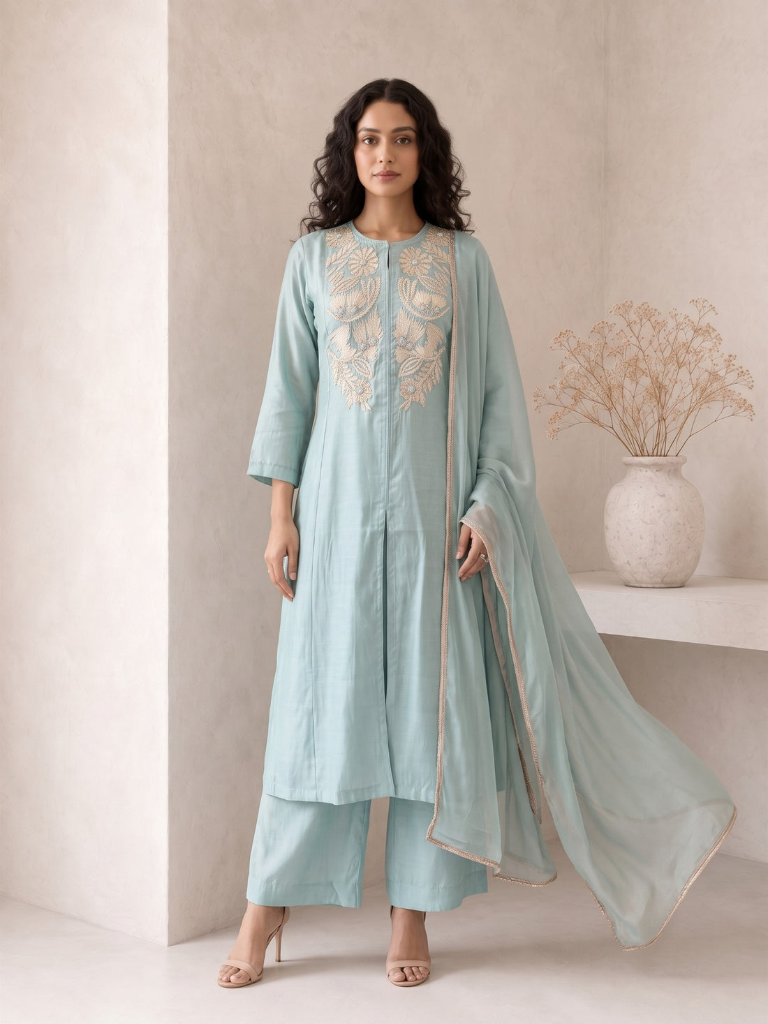 A woman models a light blue-green traditional Indian outfit consisting of a long kurta with gold embroidery, matching trousers, and a sheer dupatta, set against a minimalist beige wall with a decorative vase.
