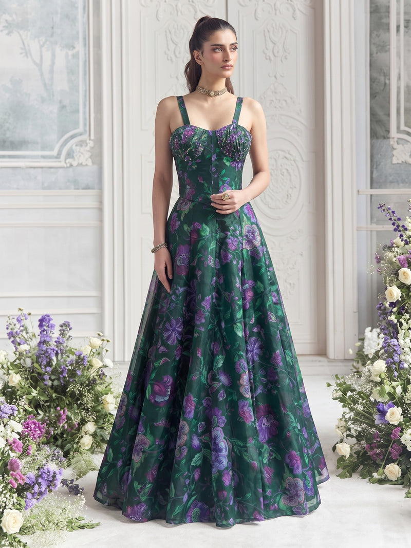 Luxury emerald green floral Tabby Organza lehenga for engagement and destination weddings