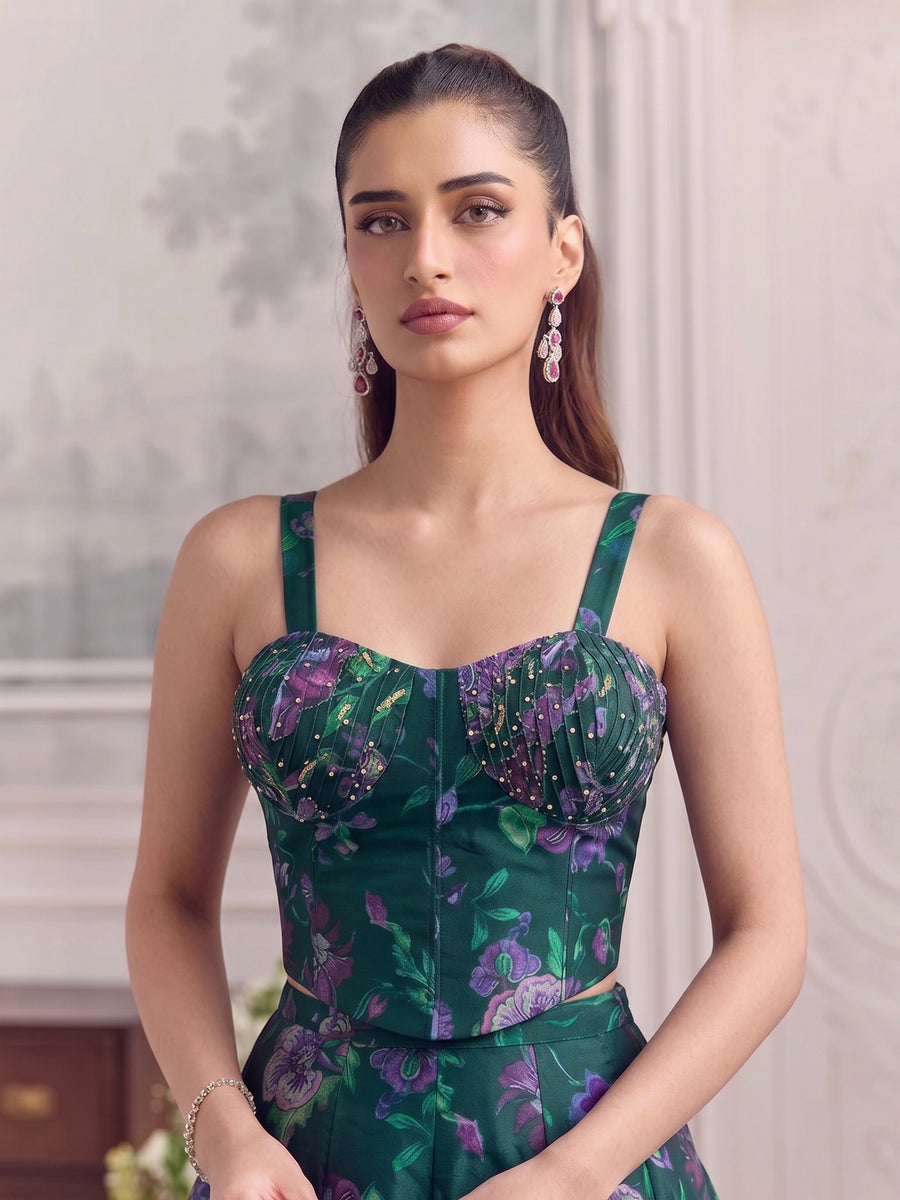 Close-up of Floréa printed blouse with sweetheart neckline and floral detailin