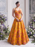 Front view of Floréa Golden Marigold luxury floral printed lehenga with modern corset blouse and flowing designer silhouette.