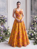 Luxury yellow floral designer lehenga crafted in printed Tabby Organza with elegant festive silhouette for wedding celebrations.