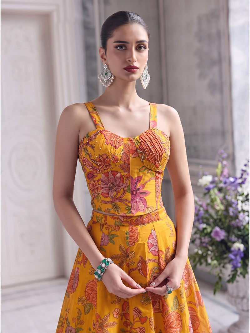 Close-up of the Floréa Golden Marigold corset blouse highlighting the floral print, structured fit and premium craftsmanship.
