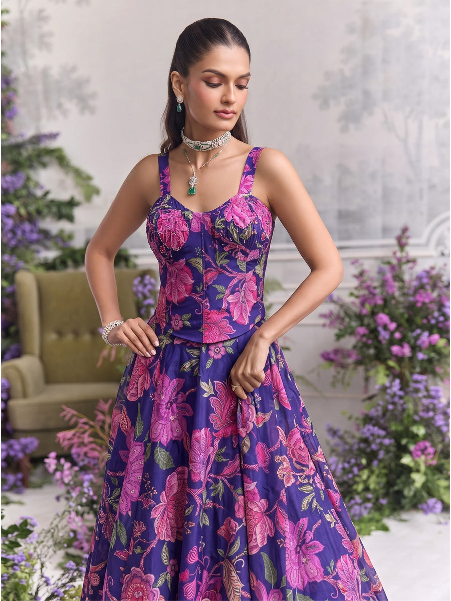 Close-up of the Floréa Royal Purple corset blouse highlighting the floral print, structured fit and premium craftsmanship.