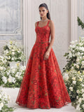 Side profile of the Floréa Scarlet Red printed designer lehenga highlighting the graceful flare and premium floral Tabby Organza fabric.