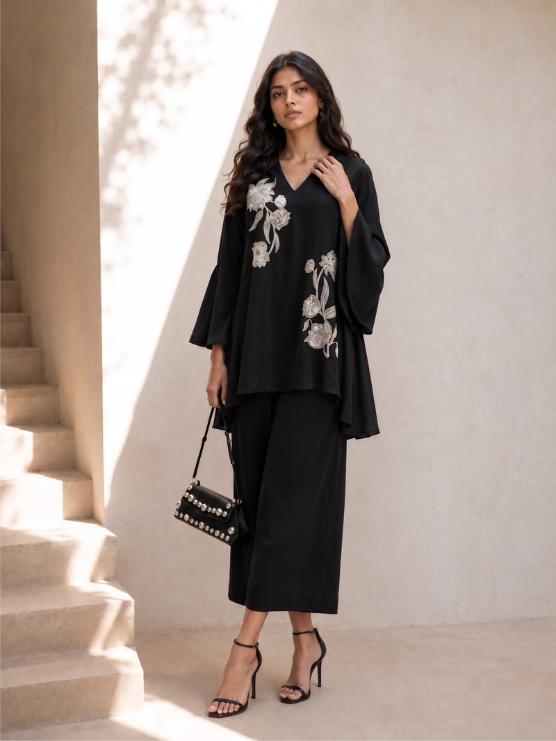 Aira black ethnic co-ord set with floral embroidery