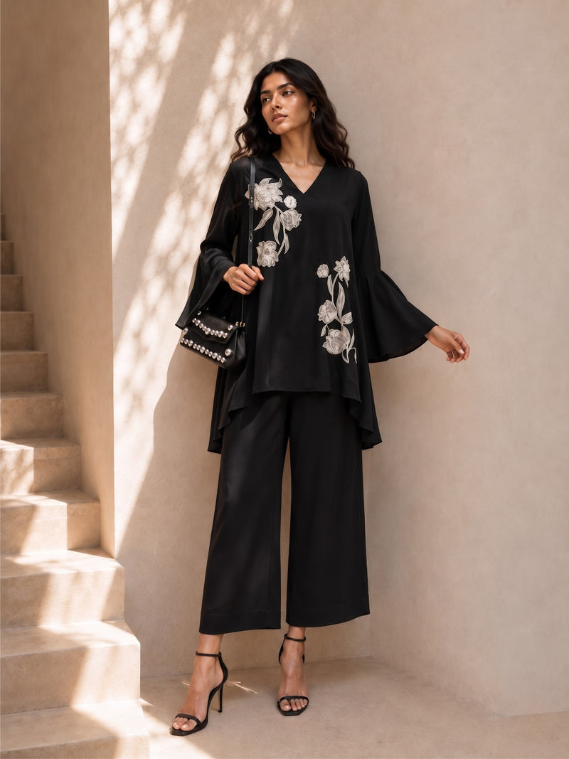 Black embroidered co-ord set for women with flowy tunic