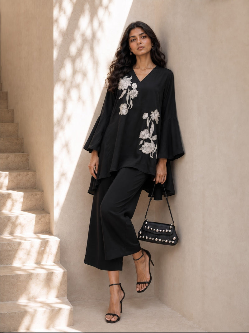 Aira black embroidered crepe co-ord set for women with flared sleeves