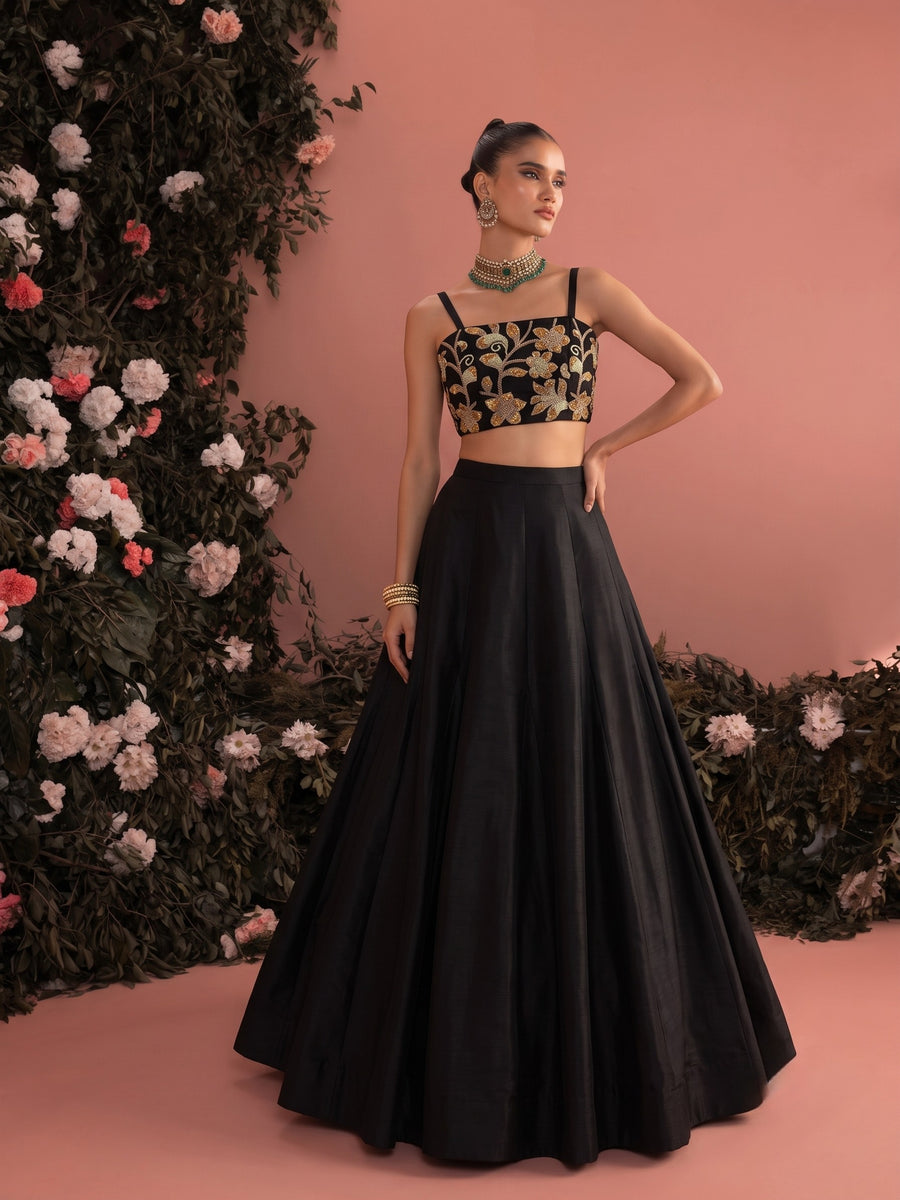 Liora black embroidered lehenga set for women with floral blouse and flowing full-length skirt