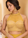 Close-up of yellow embellished halter choli with dense bead detailing and sheer neckline