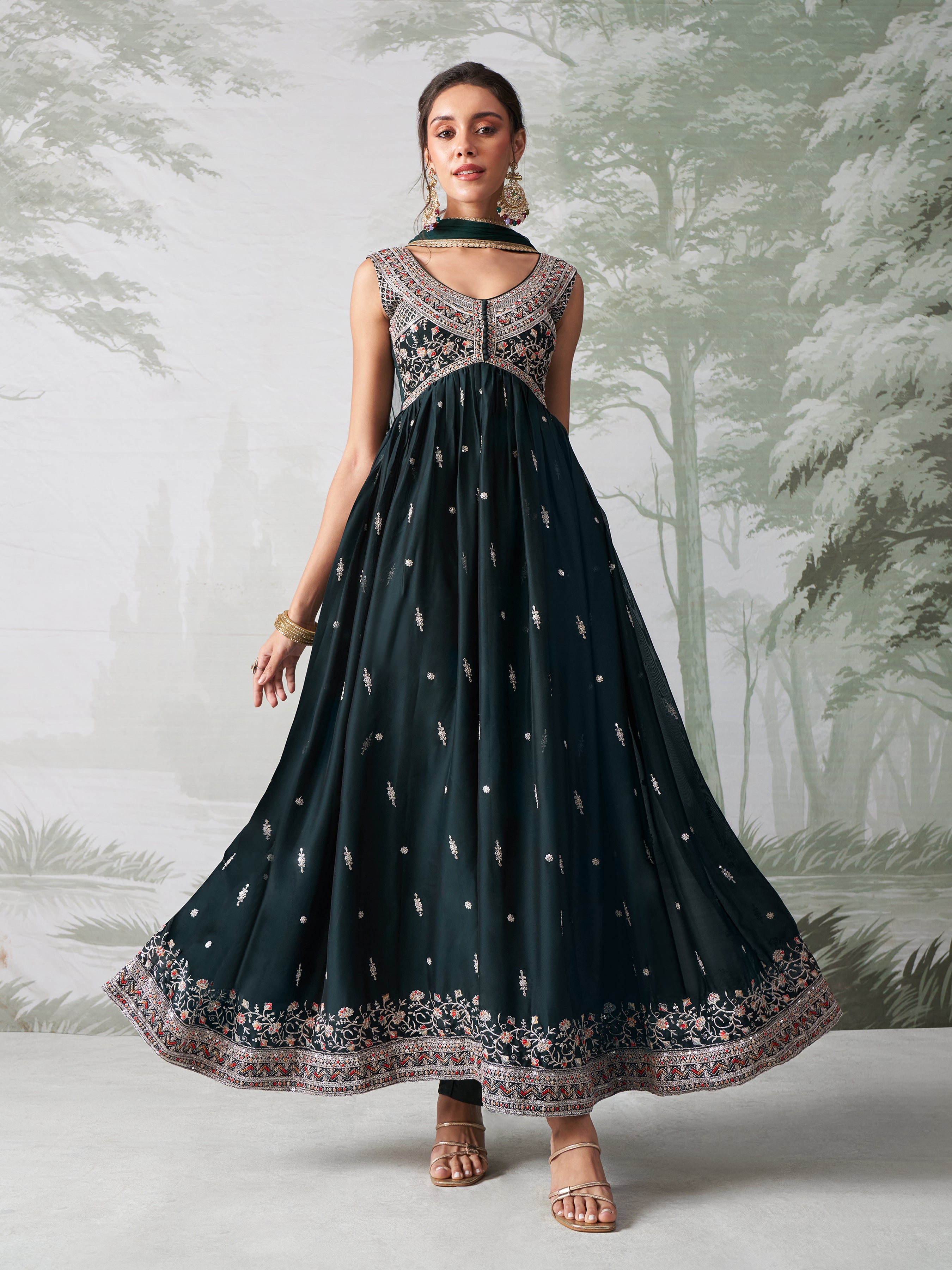 Dark Green Multi Thread Embroidered Anarkali Dress