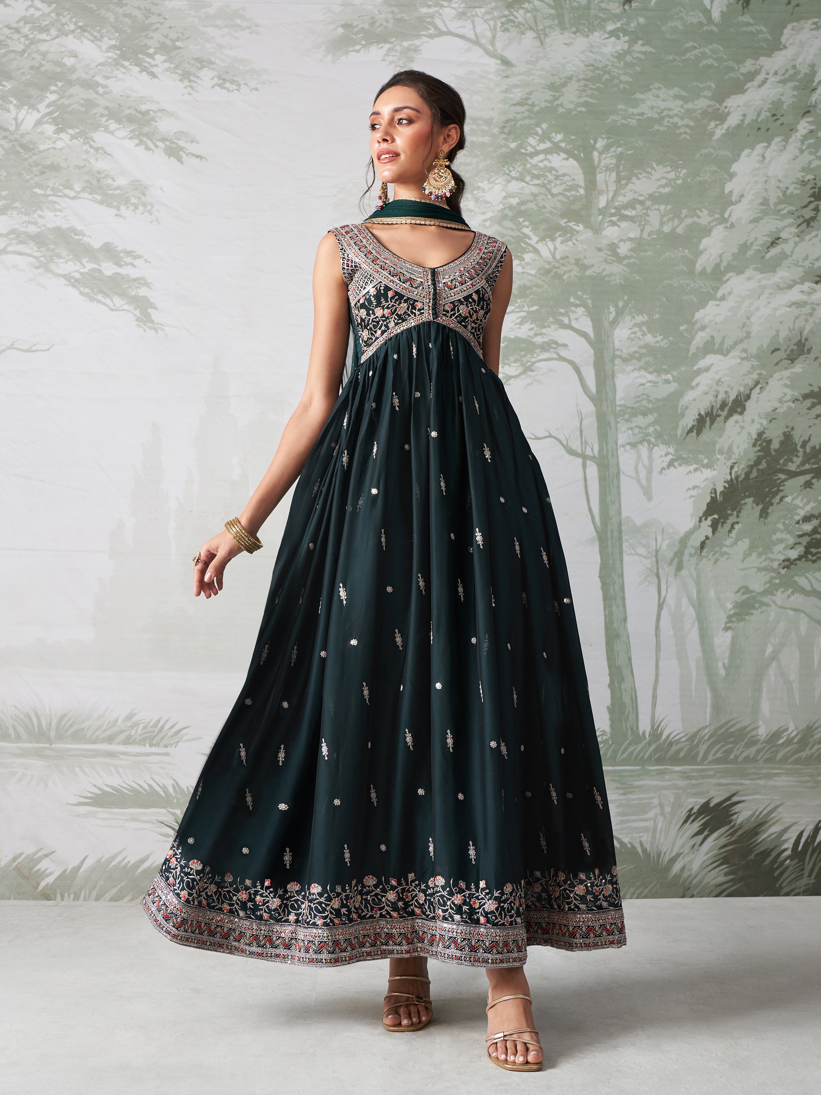 Dark Green Multi Thread Embroidered Anarkali Dress