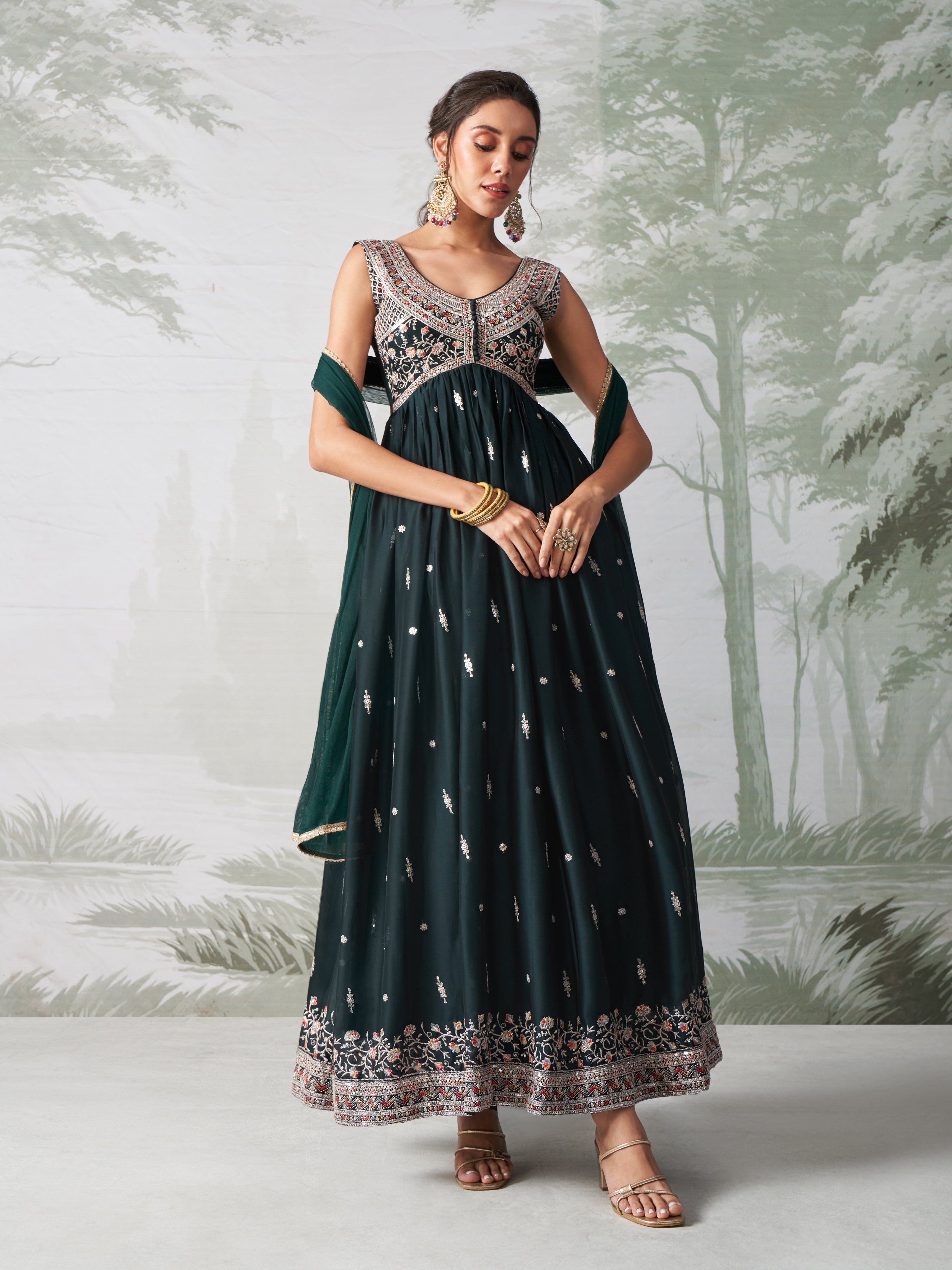 Dark Green Multi Thread Embroidered Anarkali Dress