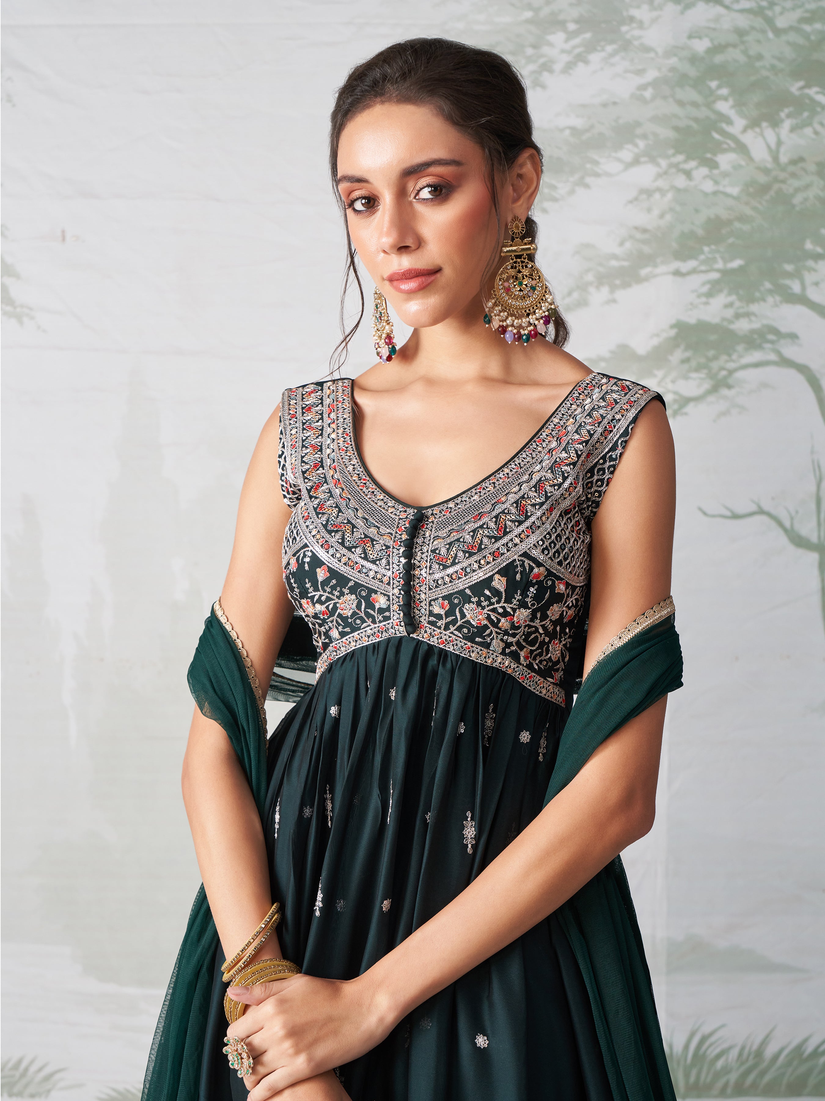 Dark Green Multi Thread Embroidered Anarkali Dress