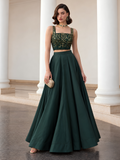 Midnight Noir deep emerald green lehenga set with gold-embellished square-neck choli and full flared skirt