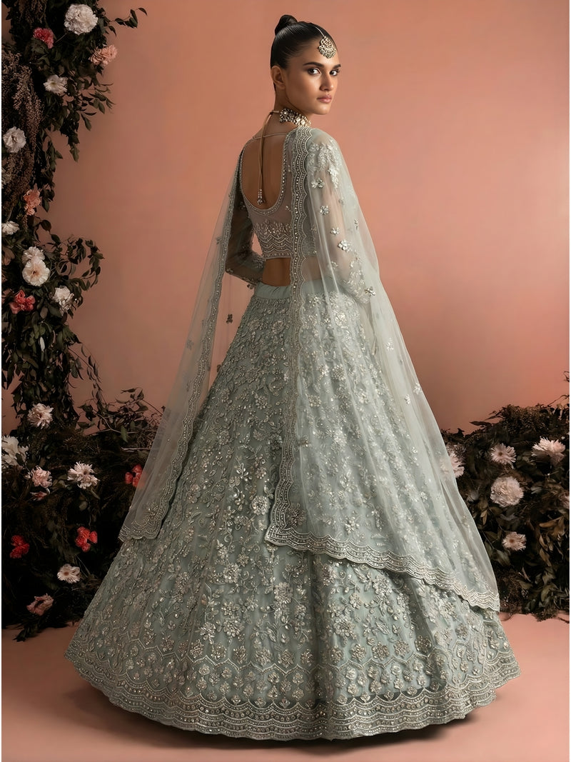 Ice Blue Color Heavy Embroidered Net Lehenga Choli With Dupatta