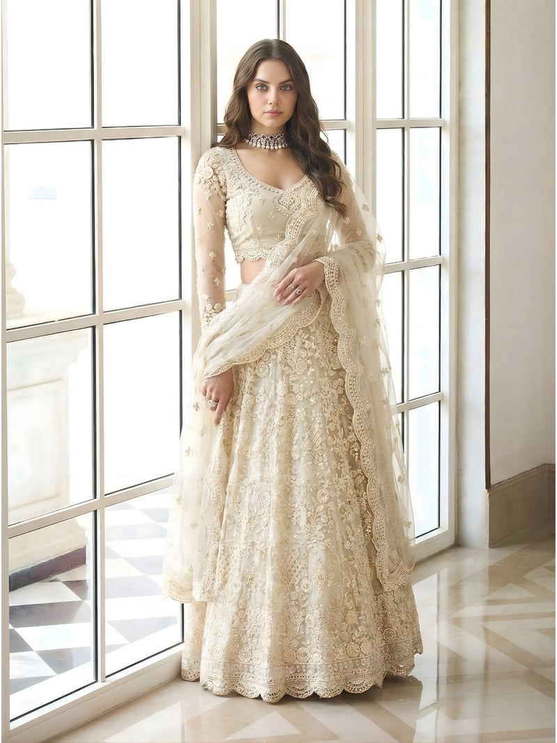 Ivory Color Heavy Embroidered Net Lehenga Choli With Dupatta