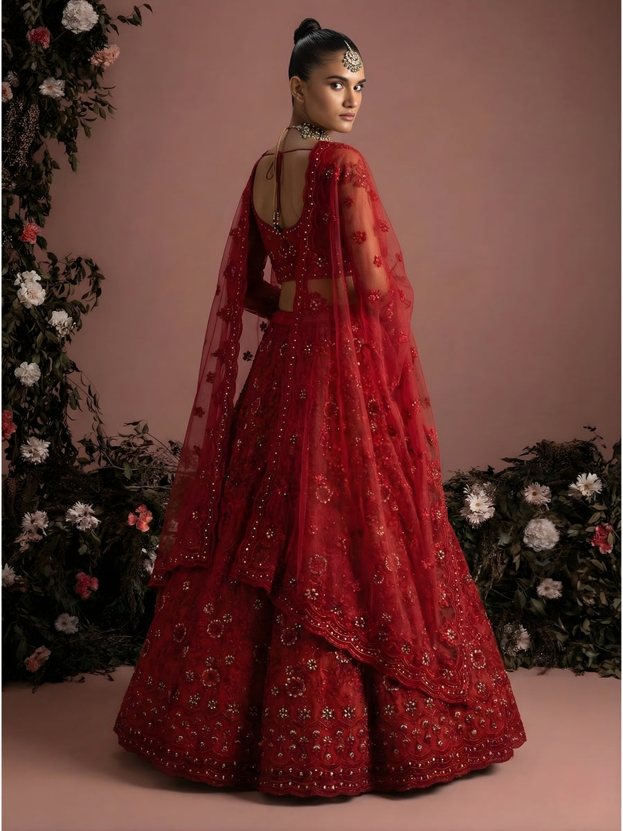 Red Color Heavy Embroidered Net Lehenga Choli With Dupatta